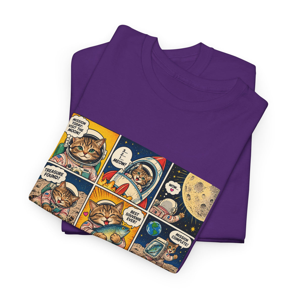 Astronaut Cat Comic T-Shirt, Space Cat Moon Mission Fish Funny Comic Strip Graphic Tee Unisex