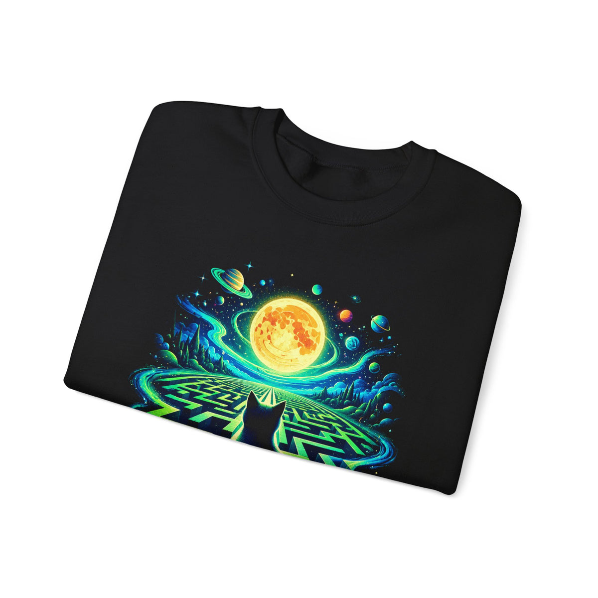 Black Cat Neon Maze Crewneck Sweatshirt Gold Moon Planets Celestial Cat Art