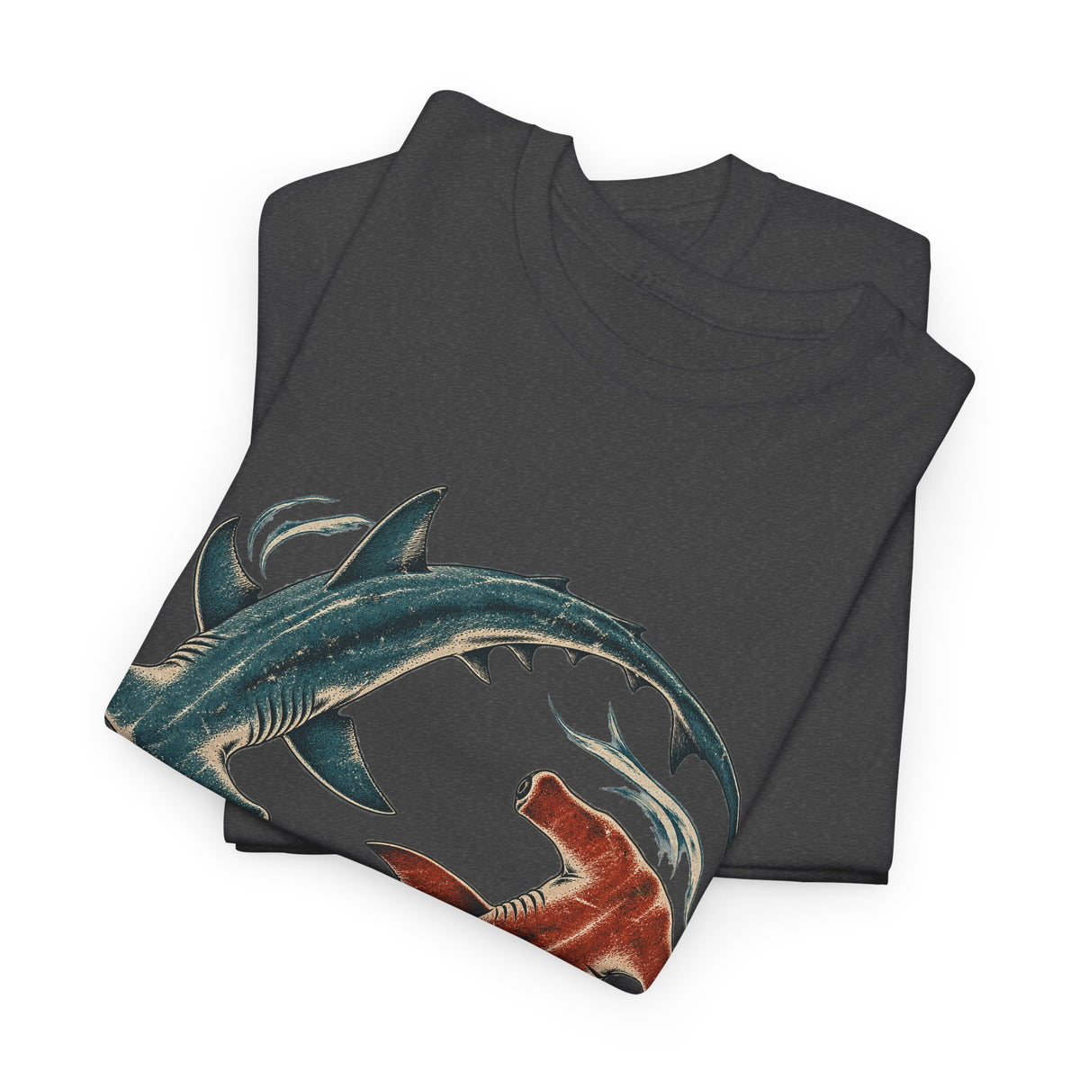 Twin Hammerhead Sharks T-Shirt Teal Orange Yin Yang Ocean Tee