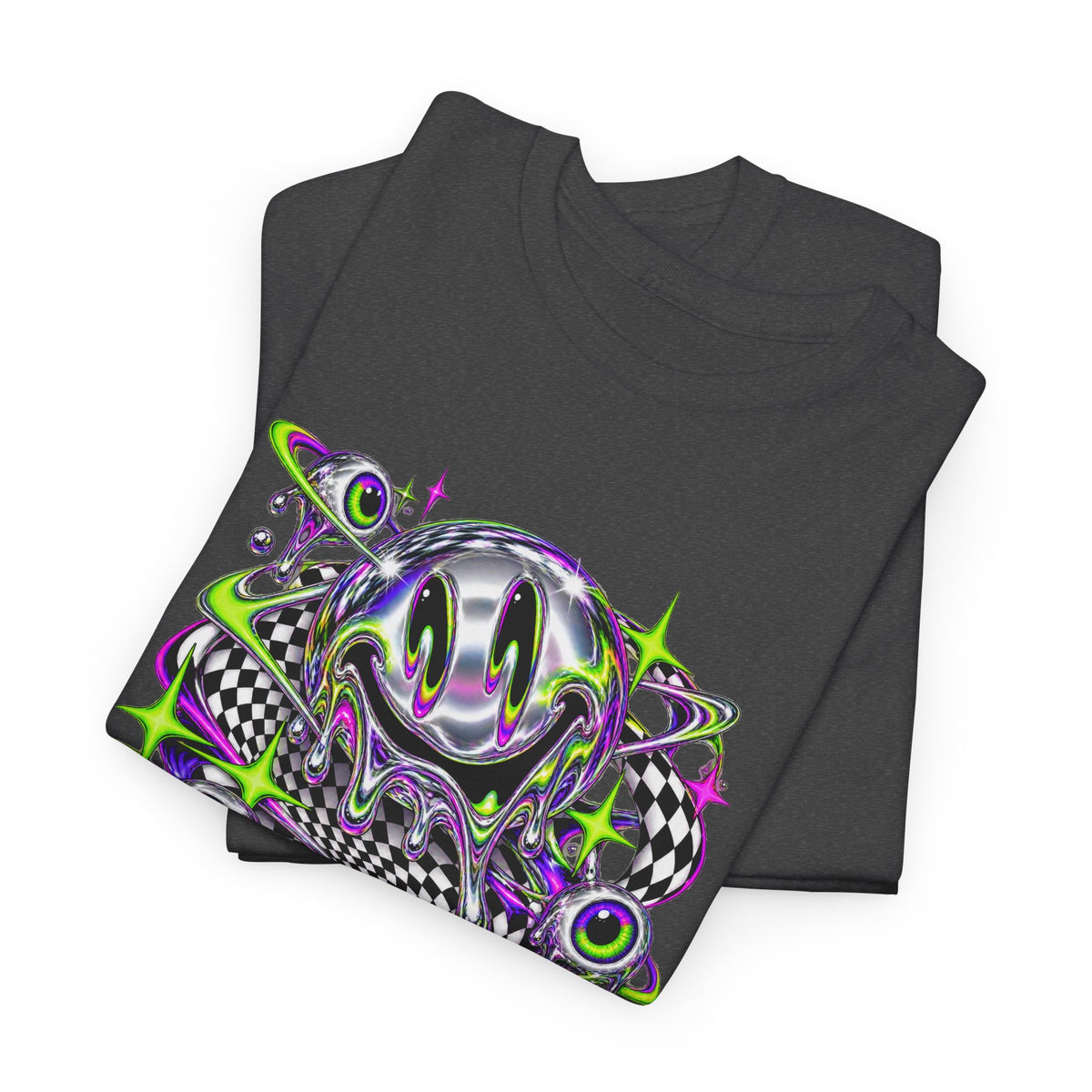 Chrome Melting Smiley T-Shirt Acid Trippy Y2K Psychedelic Tee