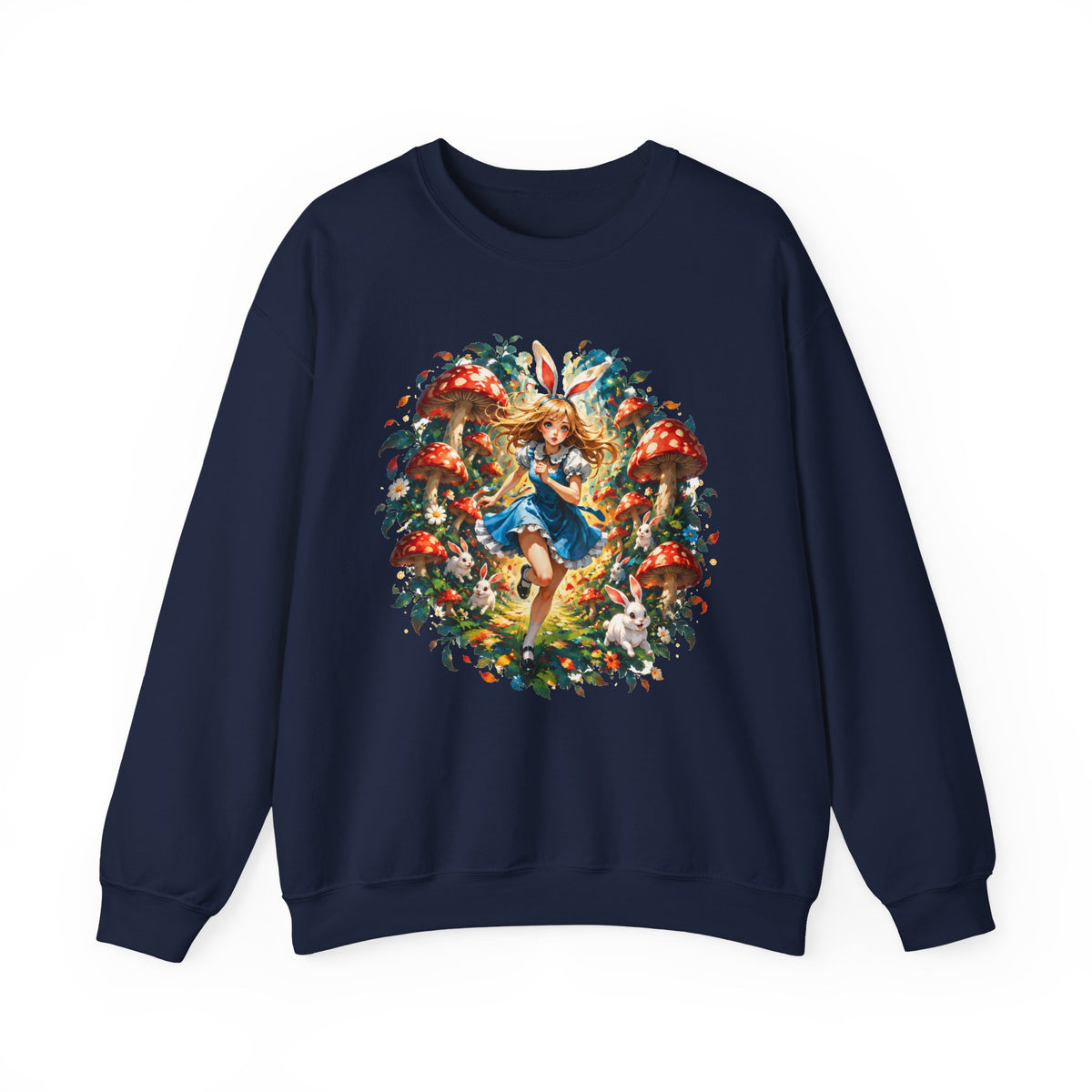 Wonderland Bunny Girl Sweatshirt Red Mushroom White Rabbit Fairytale Forest Crewneck