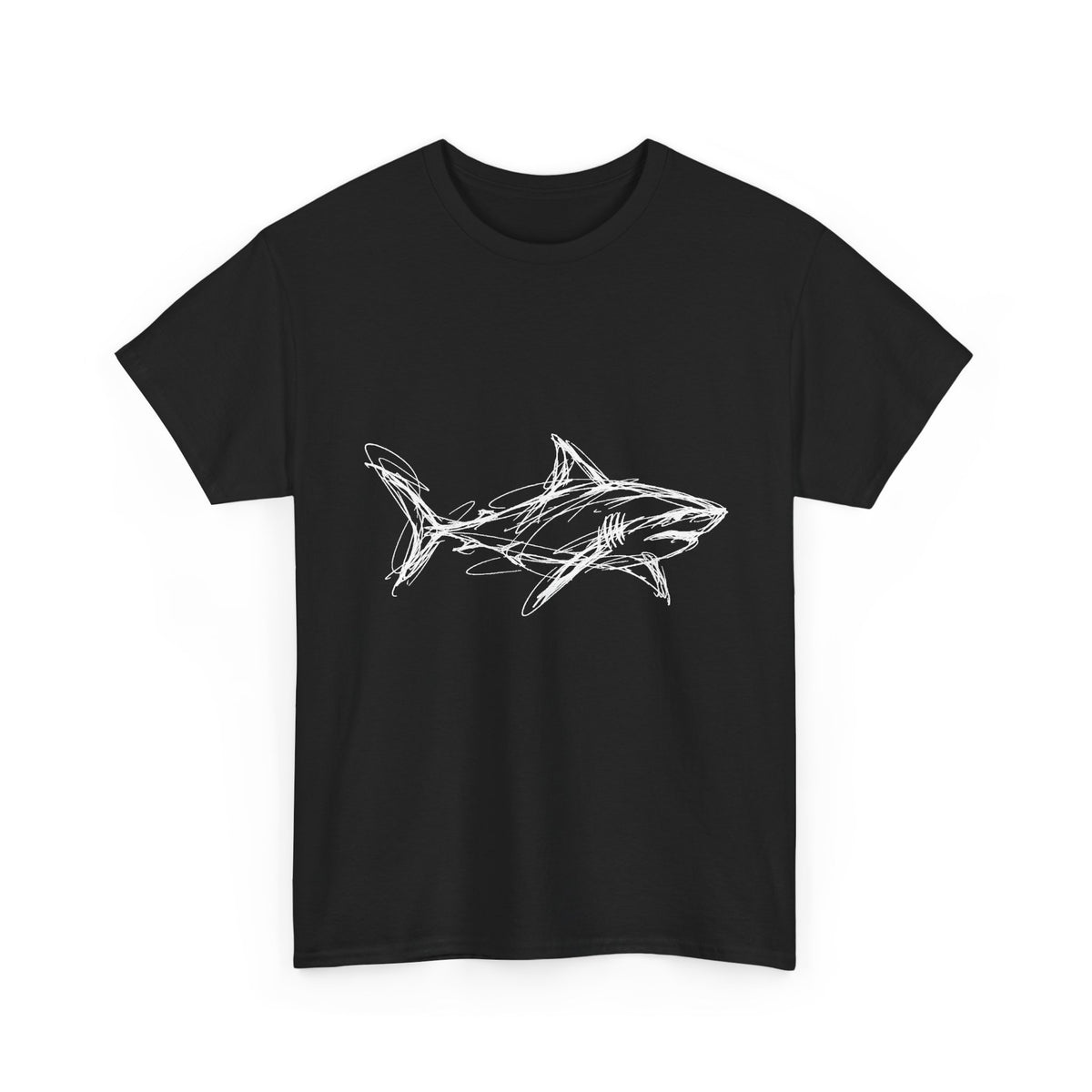 Sketchy White Shark on Black T-Shirt Minimal Ocean Line Art