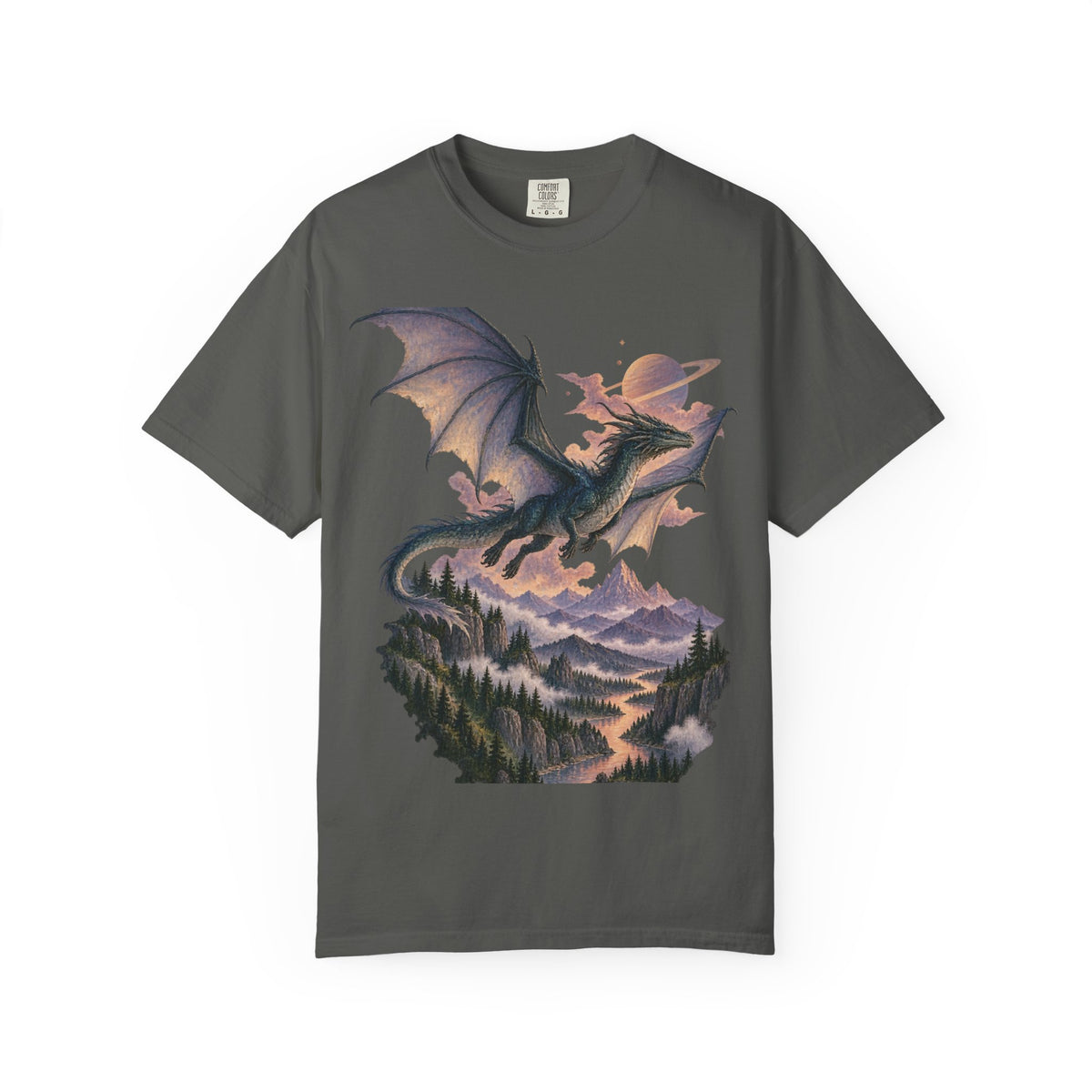 Celestial Dragon Over Forest Tee Fantasy Ringed Planet Mountain Shirt