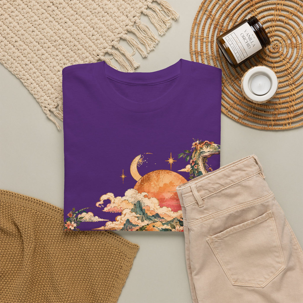 Floral Dinosaur T-Shirt, Vintage Brontosaurus Sunset Mountains Graphic Tee Unisex Nature Shirt