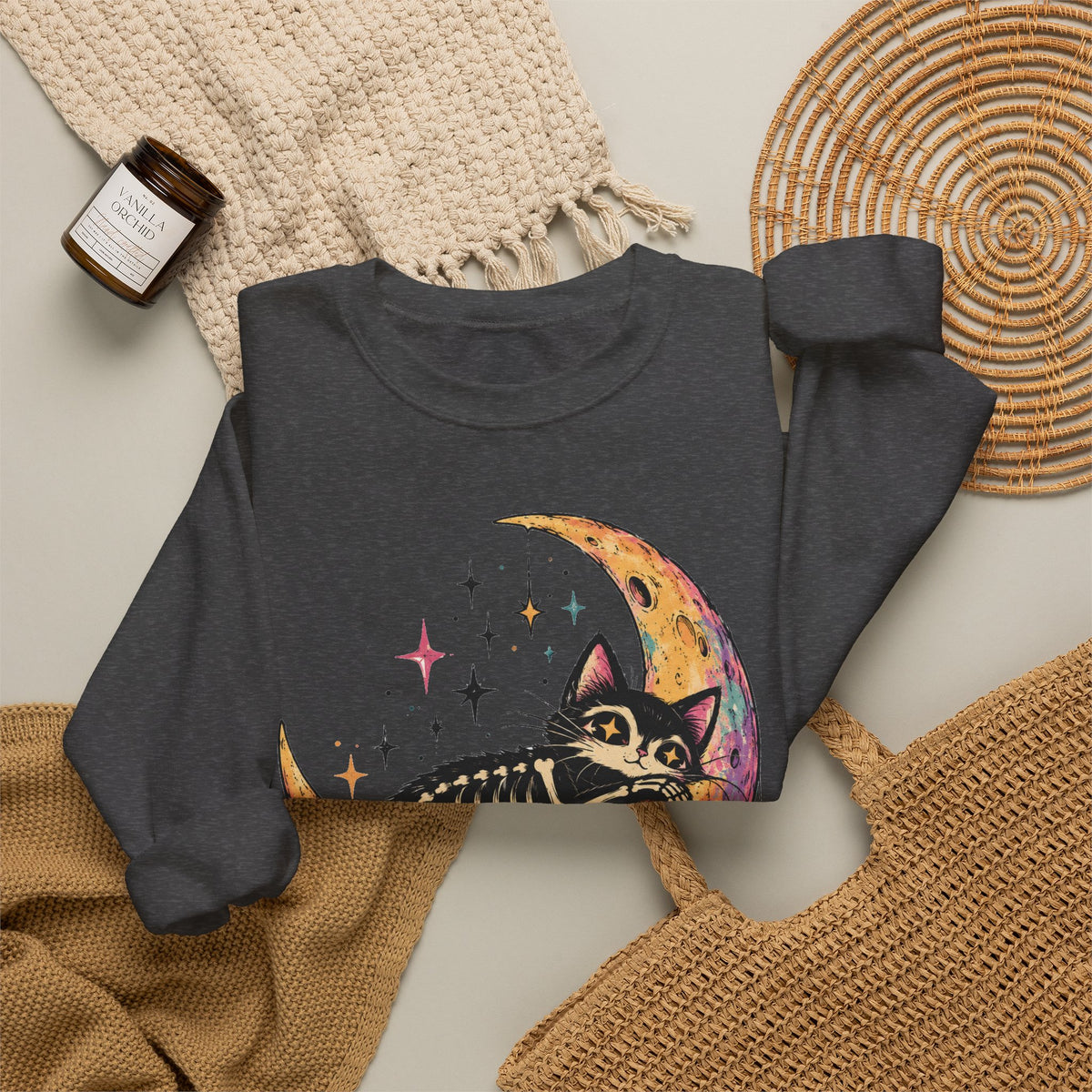 Skeleton Cat Moon Sweatshirt Pastel Goth Crescent Moon Black Cat Crewneck