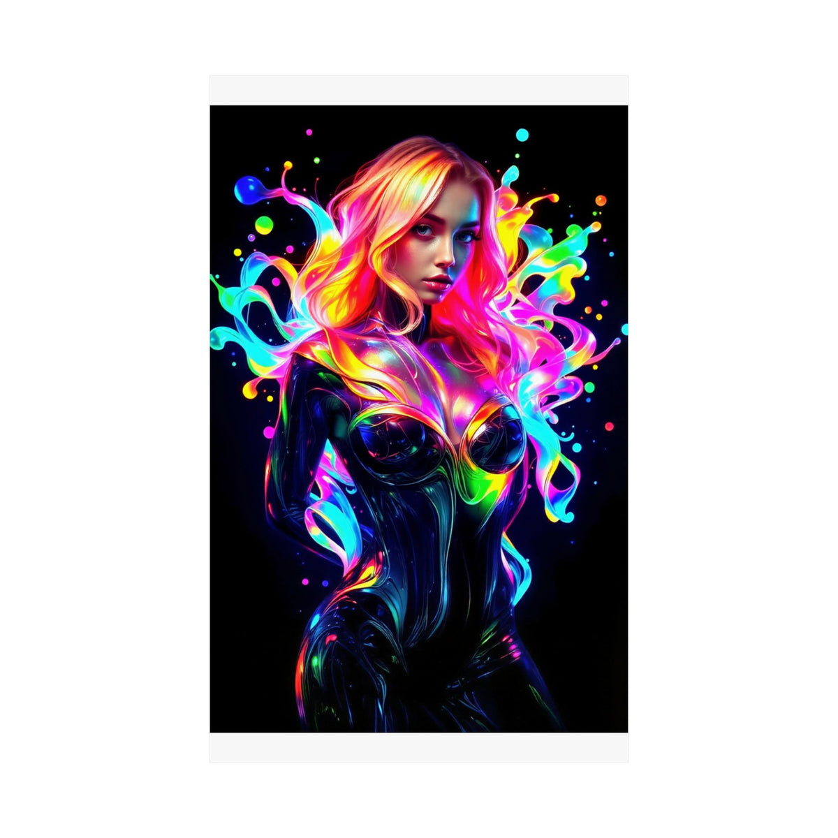 Neon Splash Rainbow Hair Woman Poster Matte Vertical Wall Art