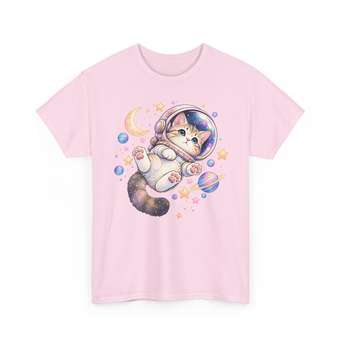 Astronaut Kitten T-Shirt, Cute Pastel Space Cat Helmet Moon Planets Stars Graphic Tee Unisex