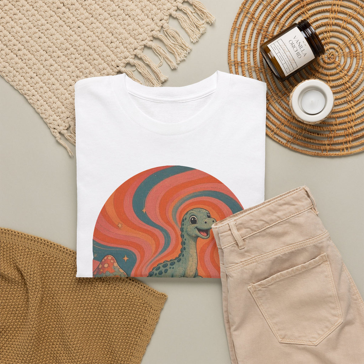Groovy Brontosaurus T-Shirt Retro 70s Dinosaur Mushrooms Daisies Tee