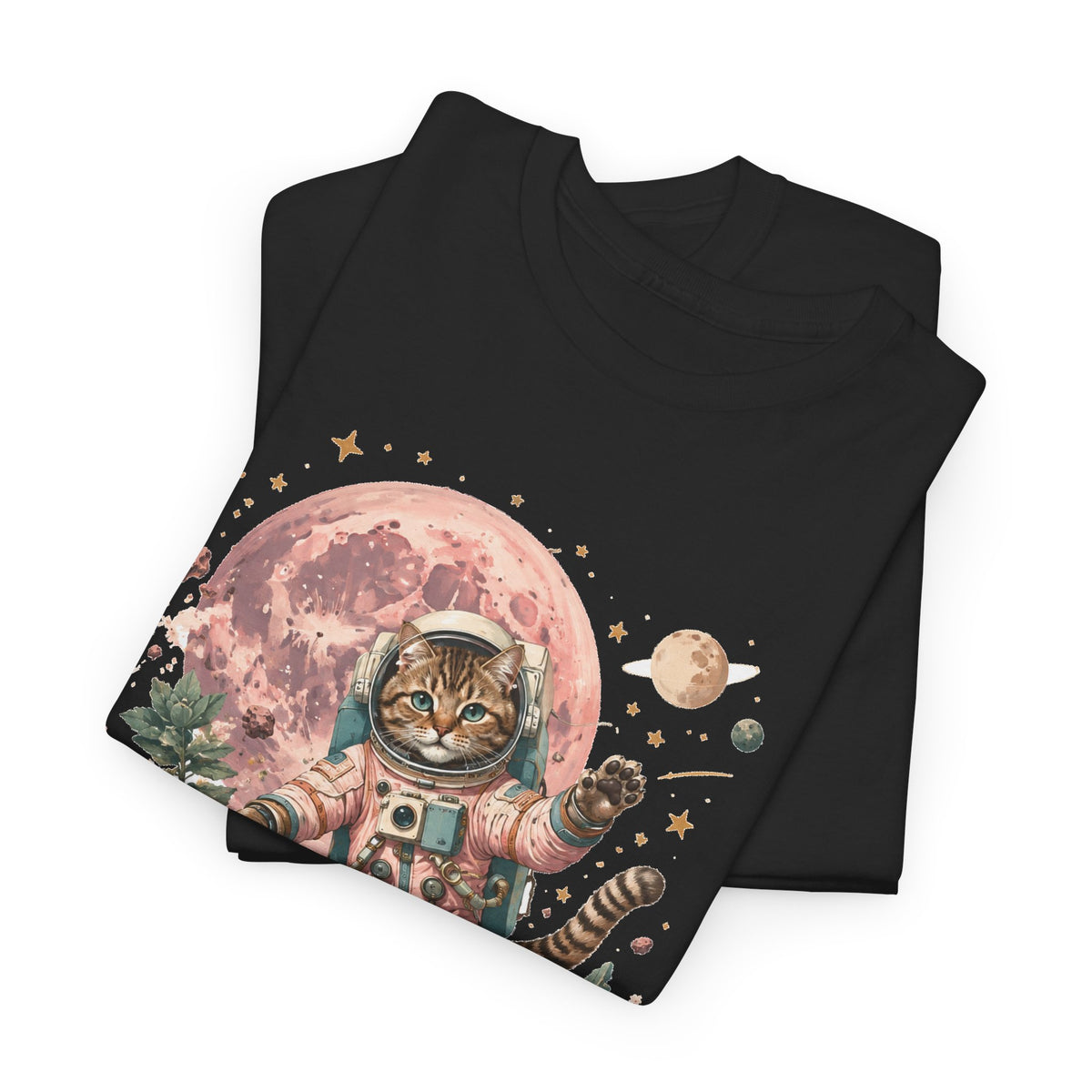 Tabby Cat Astronaut T-Shirt Pastel Pink Moon Space Cat Waving Tee