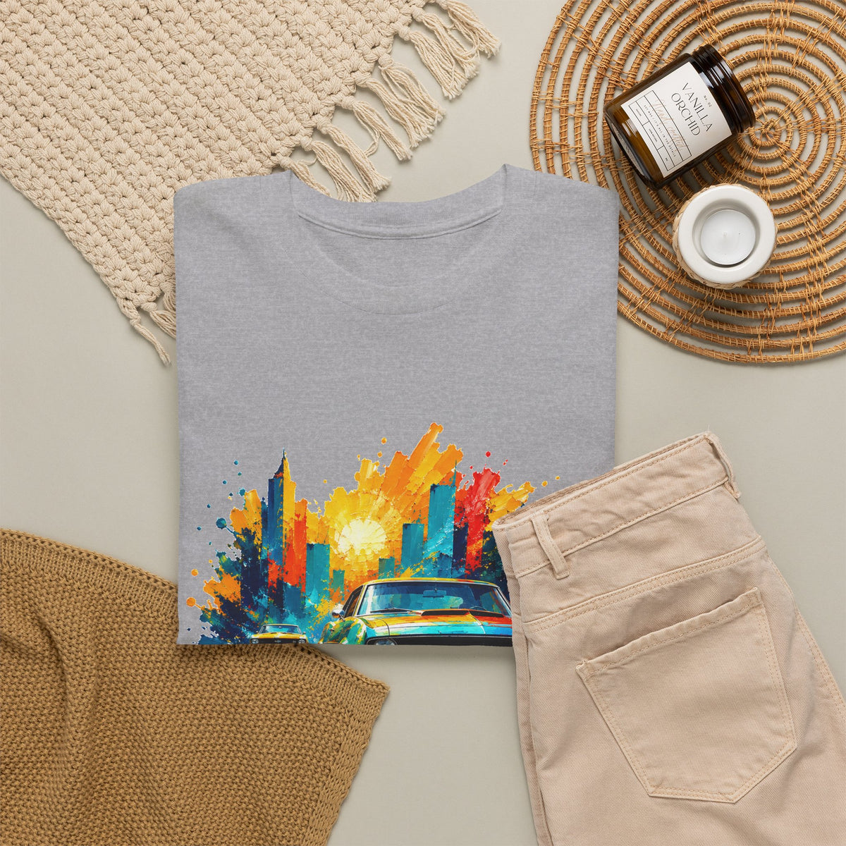 Paint Splash Muscle Car T-Shirt Colorful City Sunset Classic Car Art