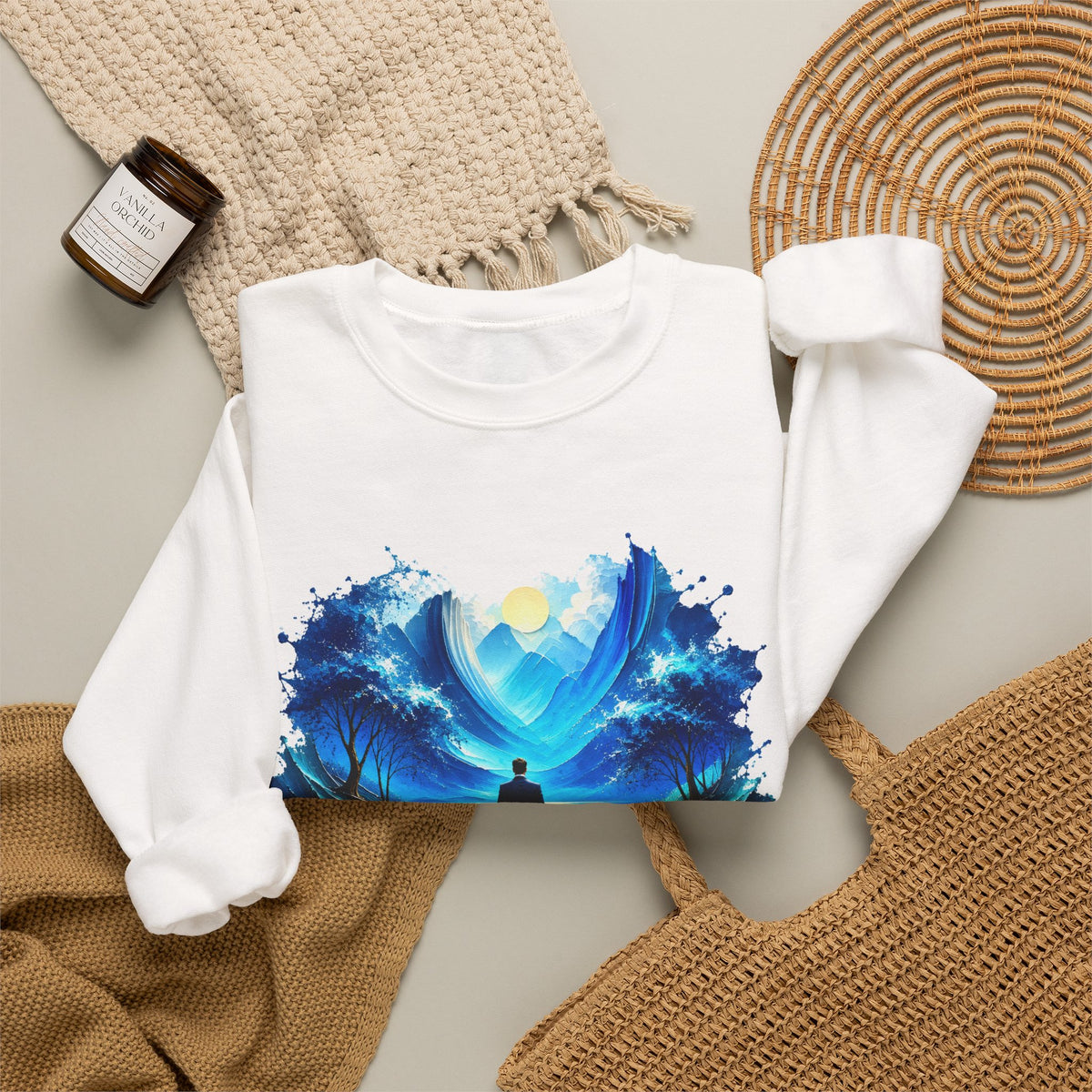 Blue Dreamscape Wanderer Crewneck Sweatshirt Man Walking on Water Toward the Sun Paint Splash Art