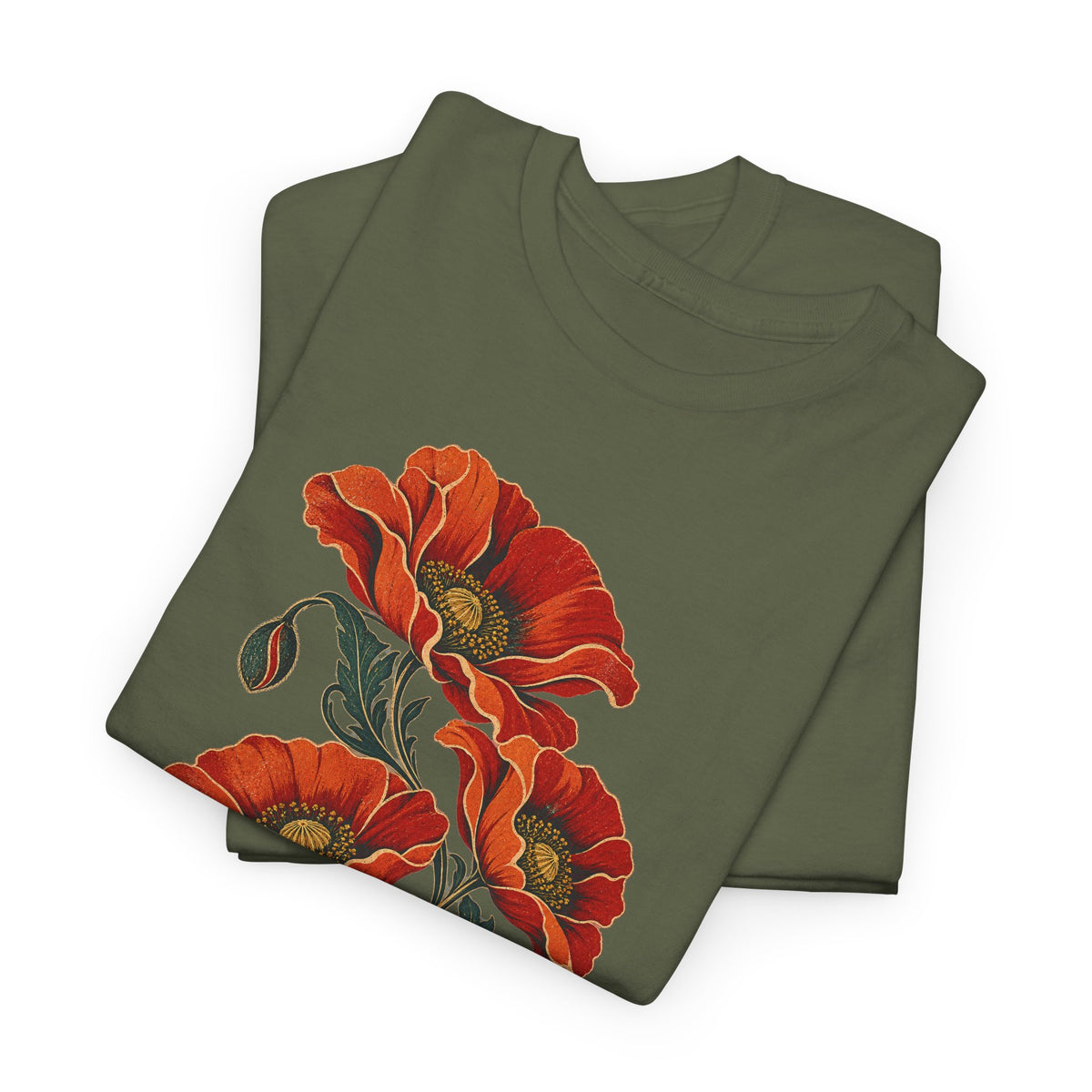 Orange Poppies Botanical T-Shirt Gold Outline Vintage Floral Tee