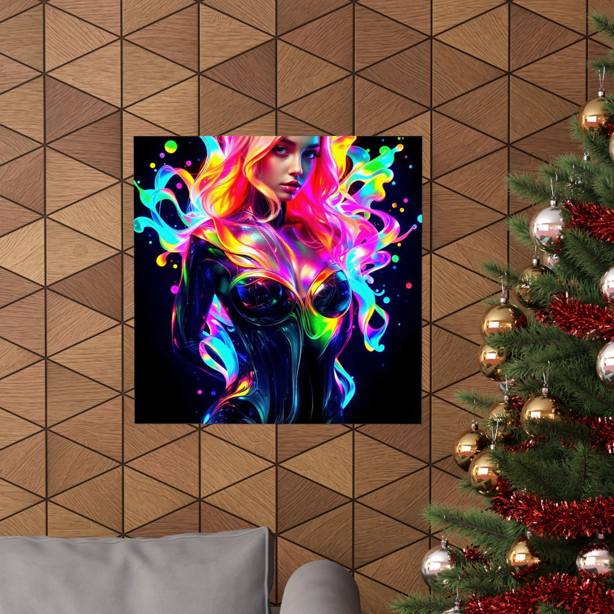 Neon Splash Rainbow Hair Woman Poster Matte Vertical Wall Art