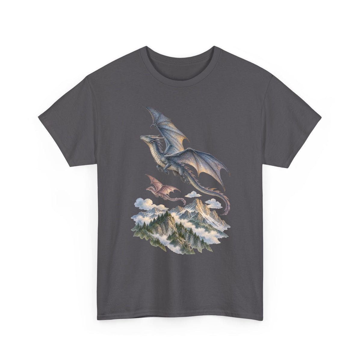 Twin Dragons Mountain Flight T-Shirt Fantasy Dragons Snowy Mountains Pine Forest Tee