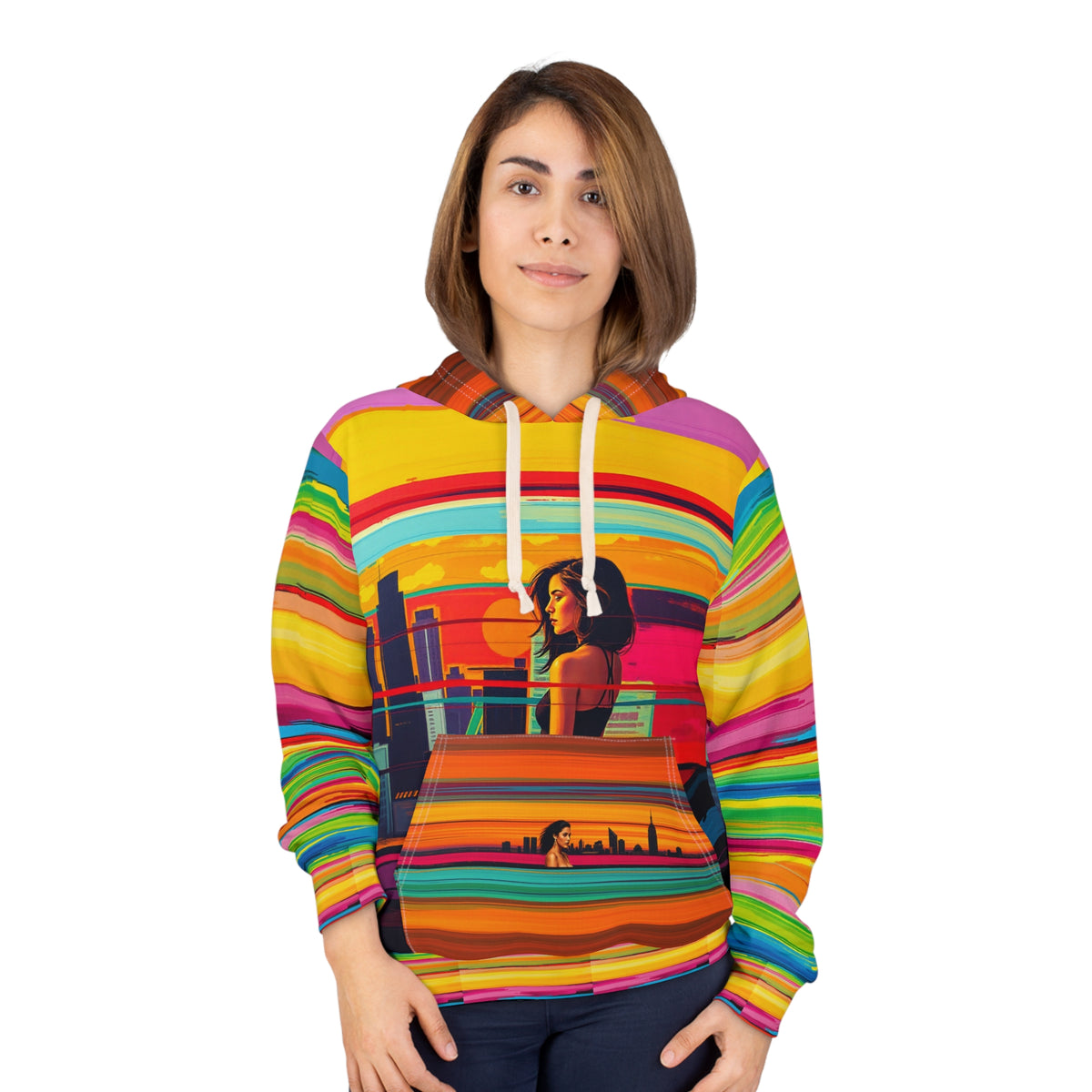 Retro Rainbow Stripe Sunset Unisex Pullover Hoodie All Over Print