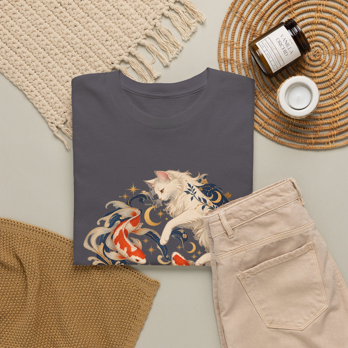 White Cat Koi Celestial T-Shirt Yin Yang Floral Cat Fish Tee