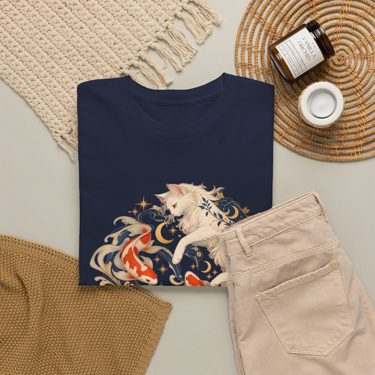 White Cat Koi Celestial T-Shirt Yin Yang Floral Cat Fish Tee