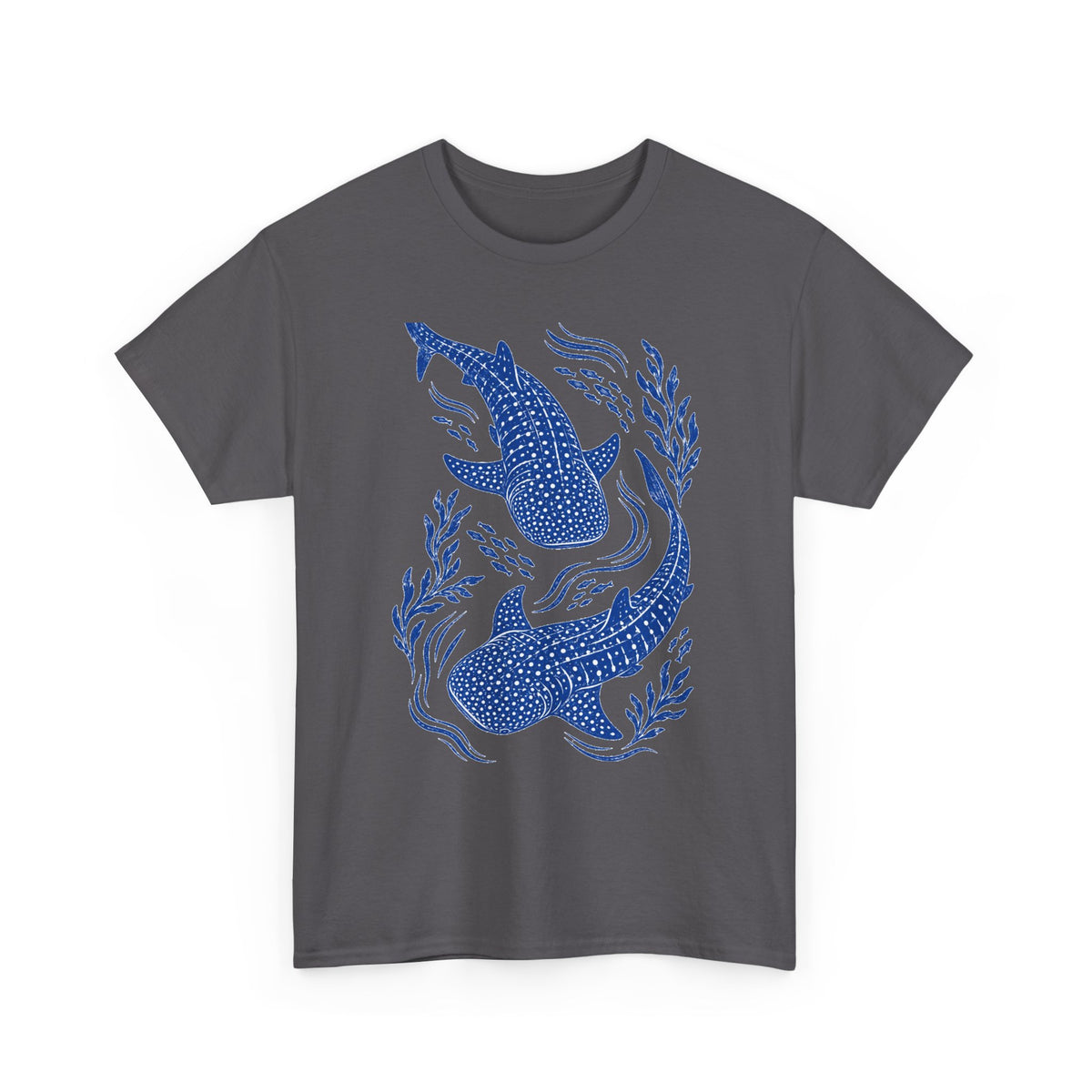 Whale Shark Linocut T-Shirt Blue Block Print Ocean Seaweed Fish Tee