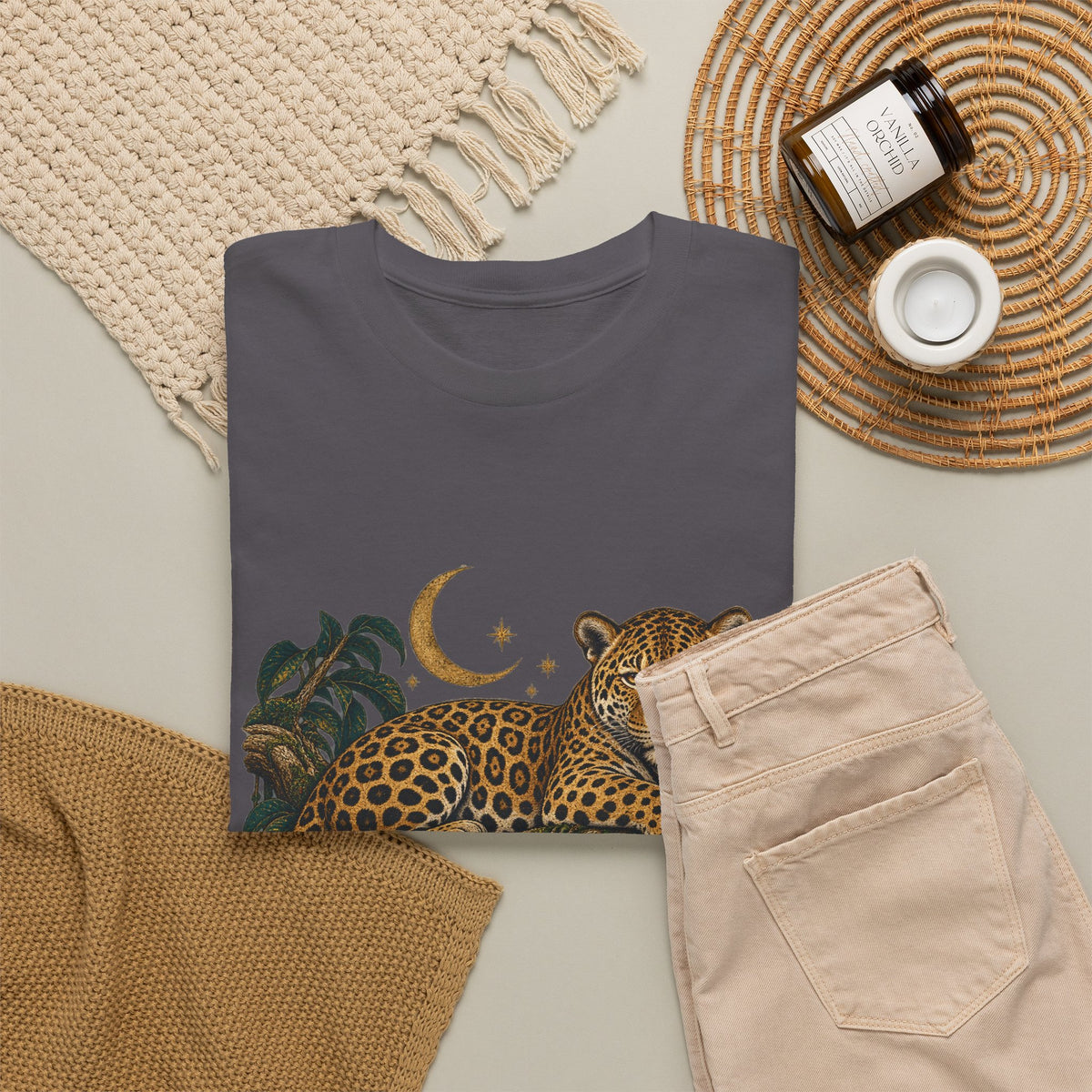 Jaguar Night Bloom Moon T-Shirt Celestial Big Cat Tee