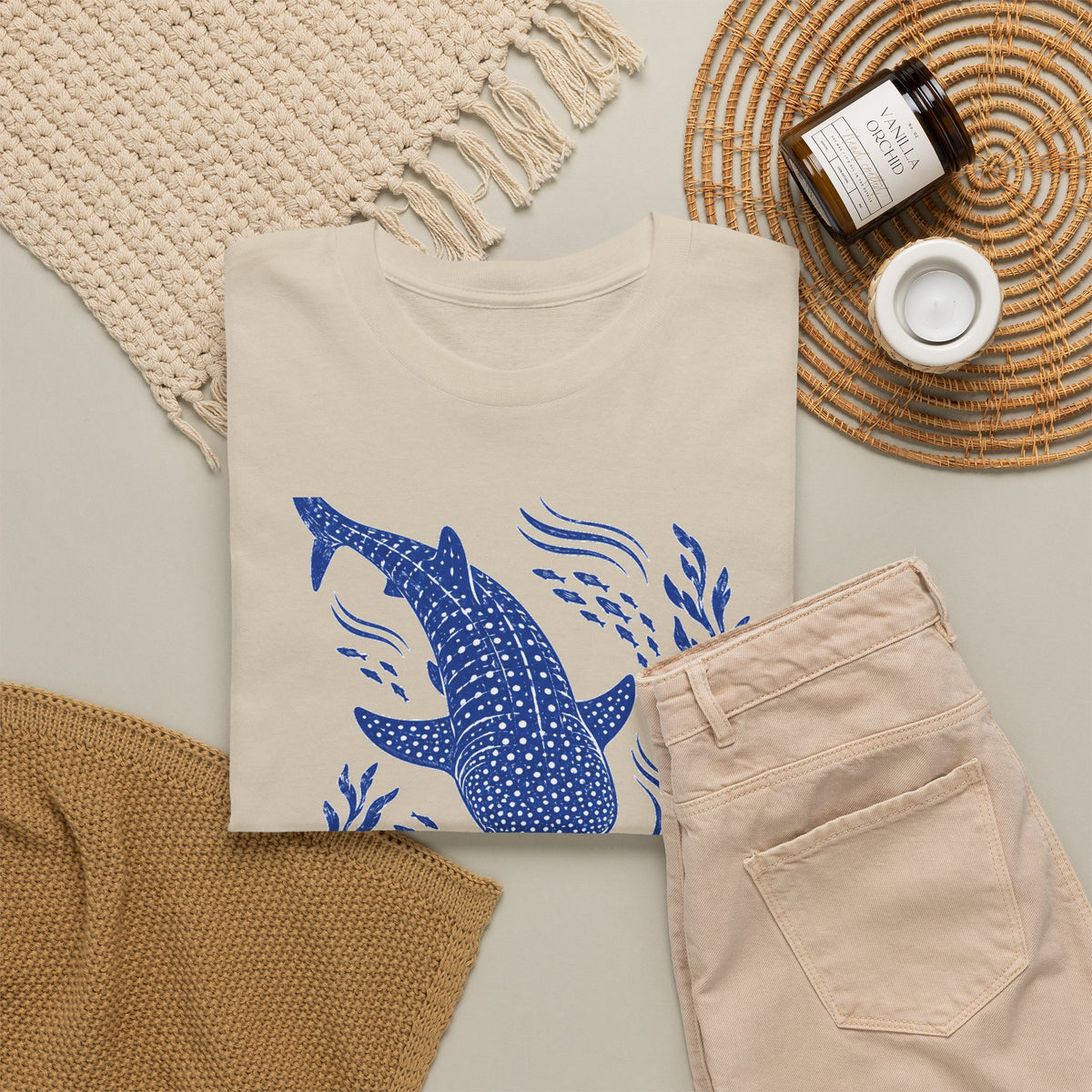 Whale Shark Linocut T-Shirt Blue Block Print Ocean Seaweed Fish Tee