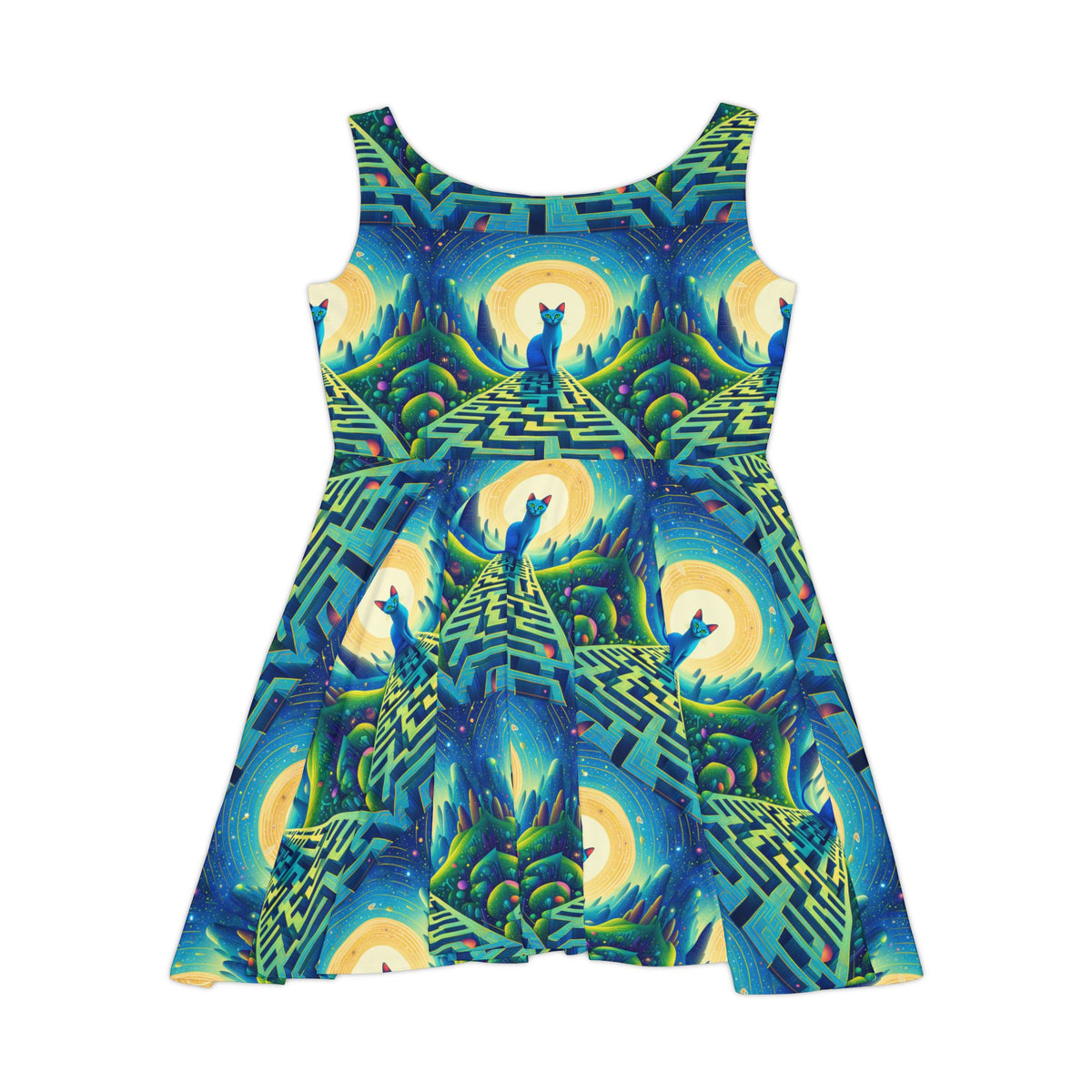 Blue Cat Full Moon Maze Skater Dress Womens All Over Print