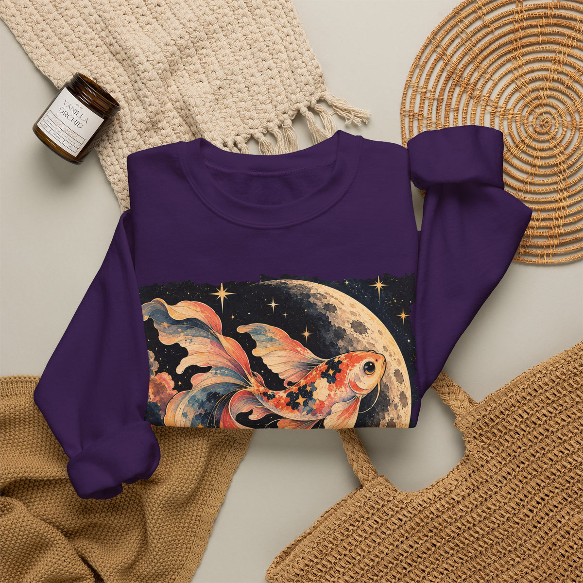 Koi Fish Moon Sweatshirt Celestial Koi Night Sky Full Moon Crewneck