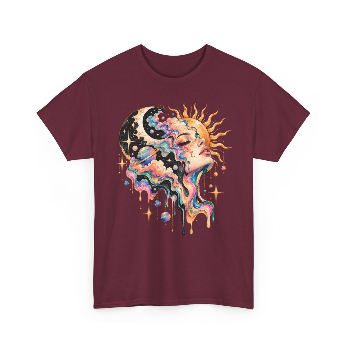 Celestial Sun and Moon Woman T-Shirt, Pastel Cloud Hair Melting Drip Planets Stars Graphic Tee Unisex
