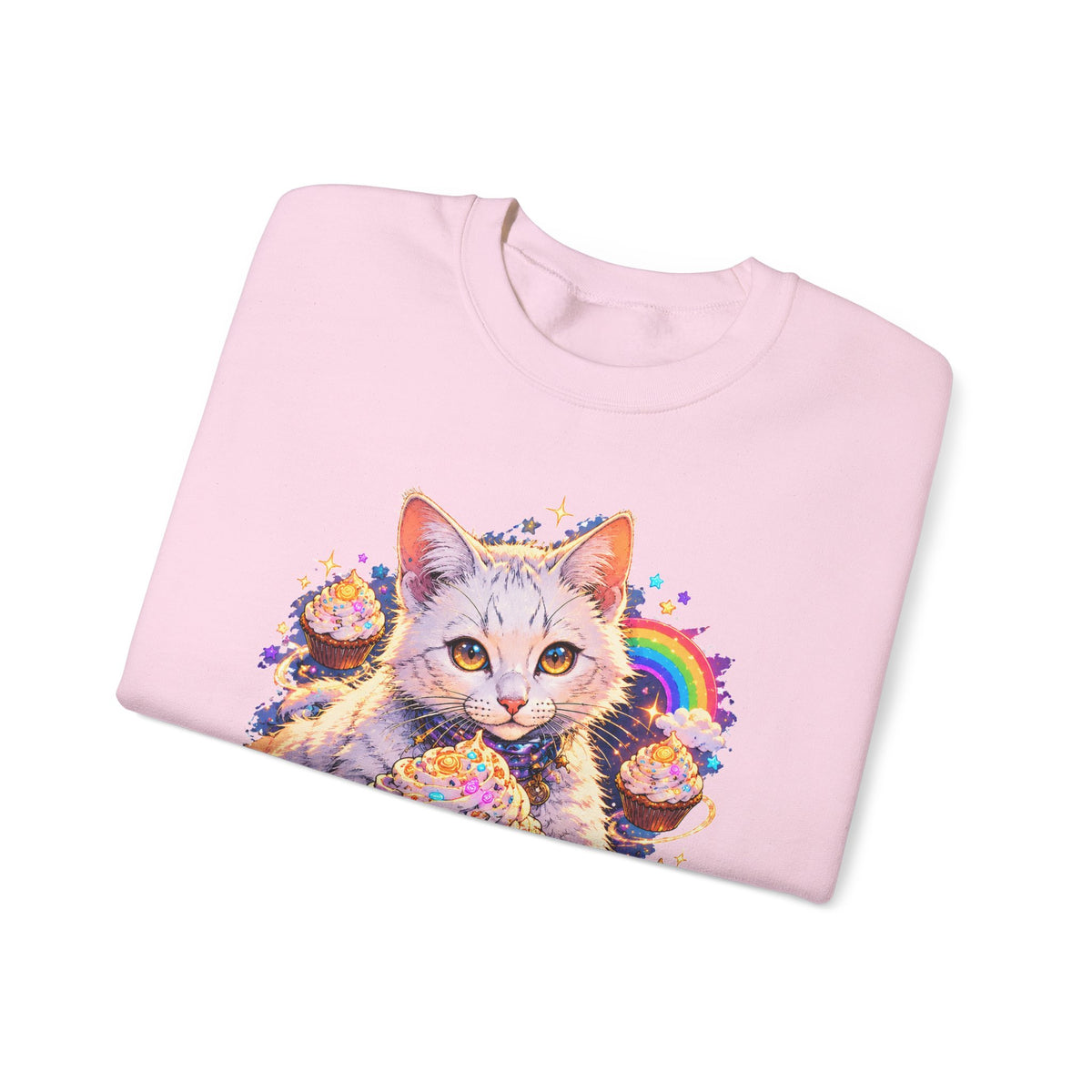 Birthday Cat Cupcake Crewneck Sweatshirt Cute White Kitten Rainbow Sprinkles Party Art