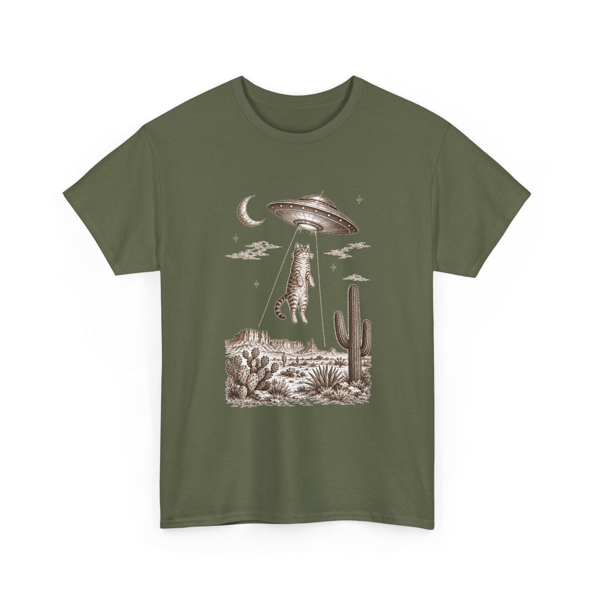 UFO Cat Abduction T-Shirt Sepia Desert Tabby Alien Beam Tee