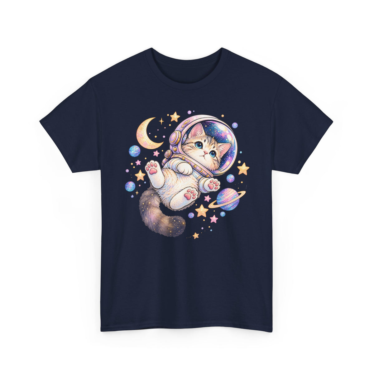 Astronaut Kitten T-Shirt, Cute Pastel Space Cat Helmet Moon Planets Stars Graphic Tee Unisex