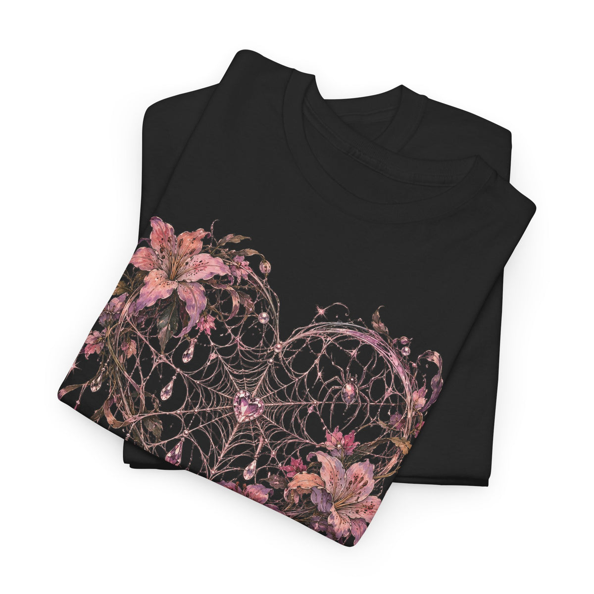 Gothic Spiderweb Heart T-Shirt Pink Lilies Crystal Pastel Goth Graphic Tee
