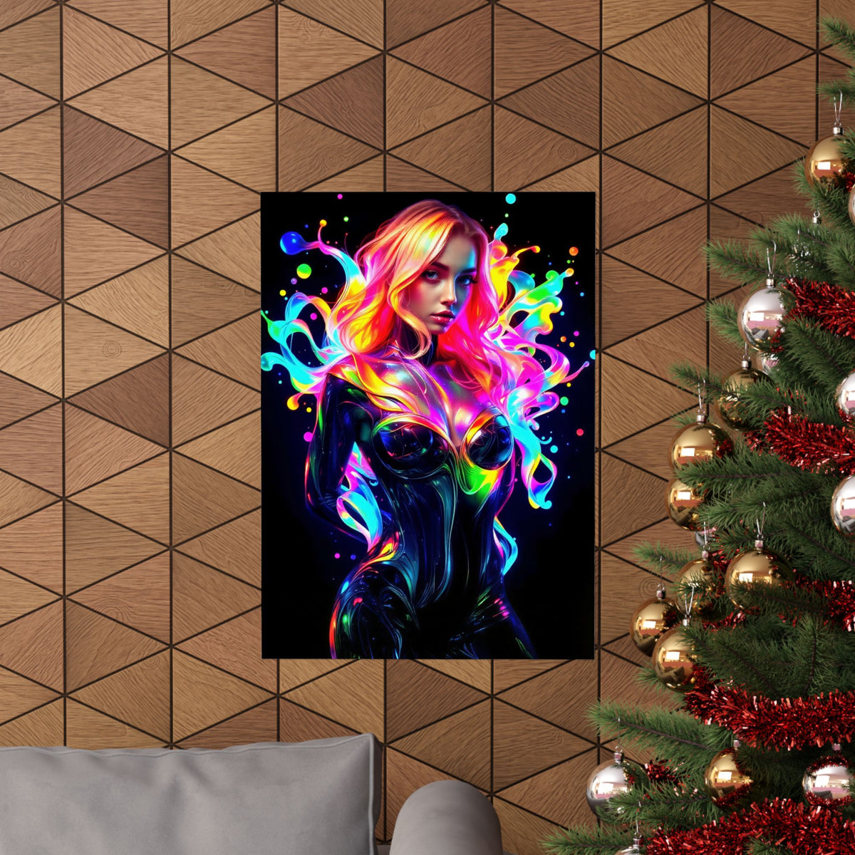 Neon Splash Rainbow Hair Woman Poster Matte Vertical Wall Art