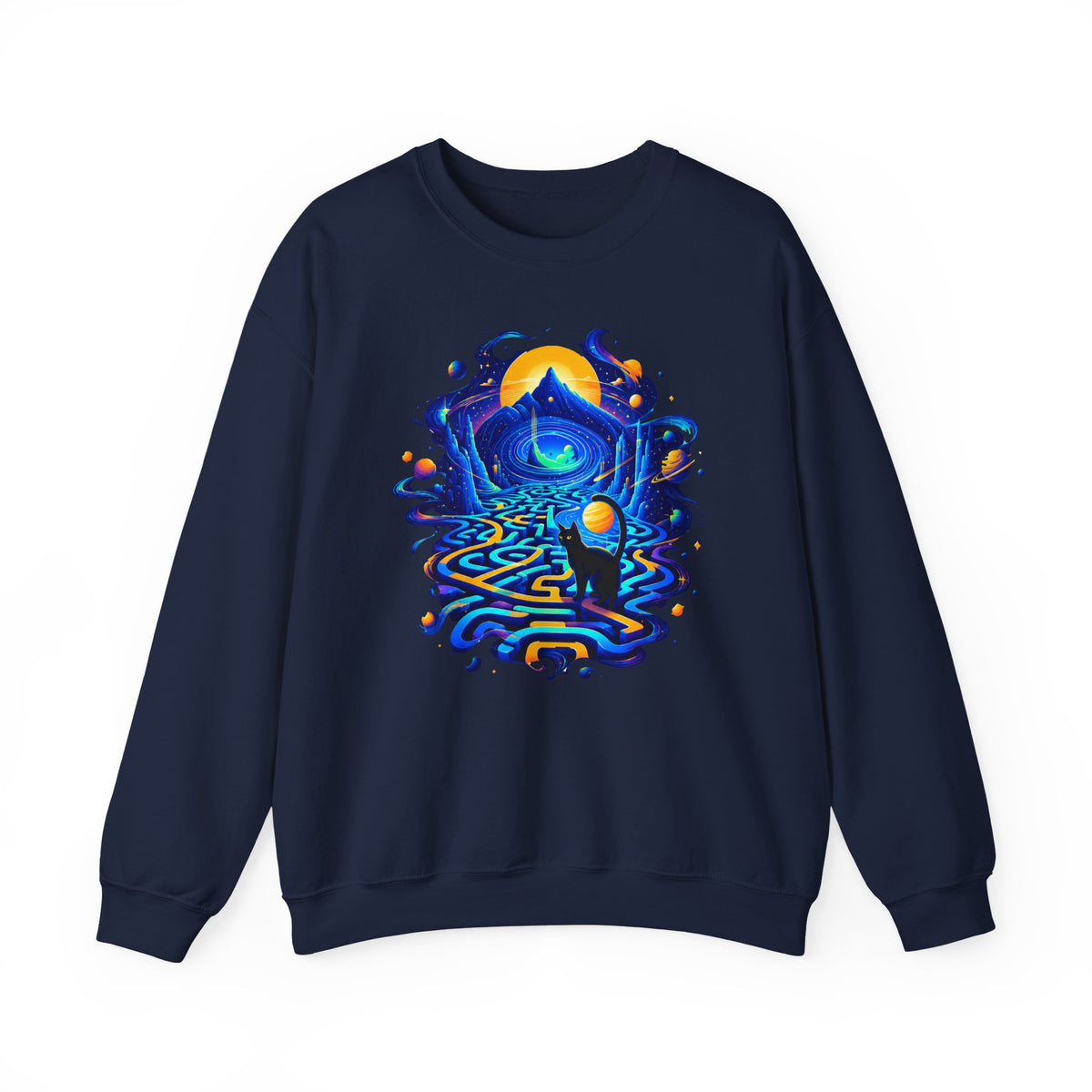 Cosmic Black Cat Maze Sweatshirt Celestial Galaxy Labyrinth Cat Lover Crewneck