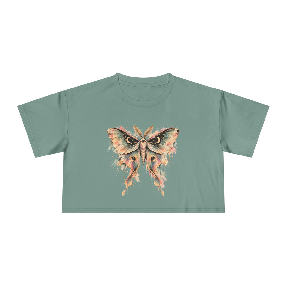 Celestial Luna Moth Crop Tee, Pastel Watercolor Moth Crescent Moon Stars Paint Drip Women's Cropped T-Shirt