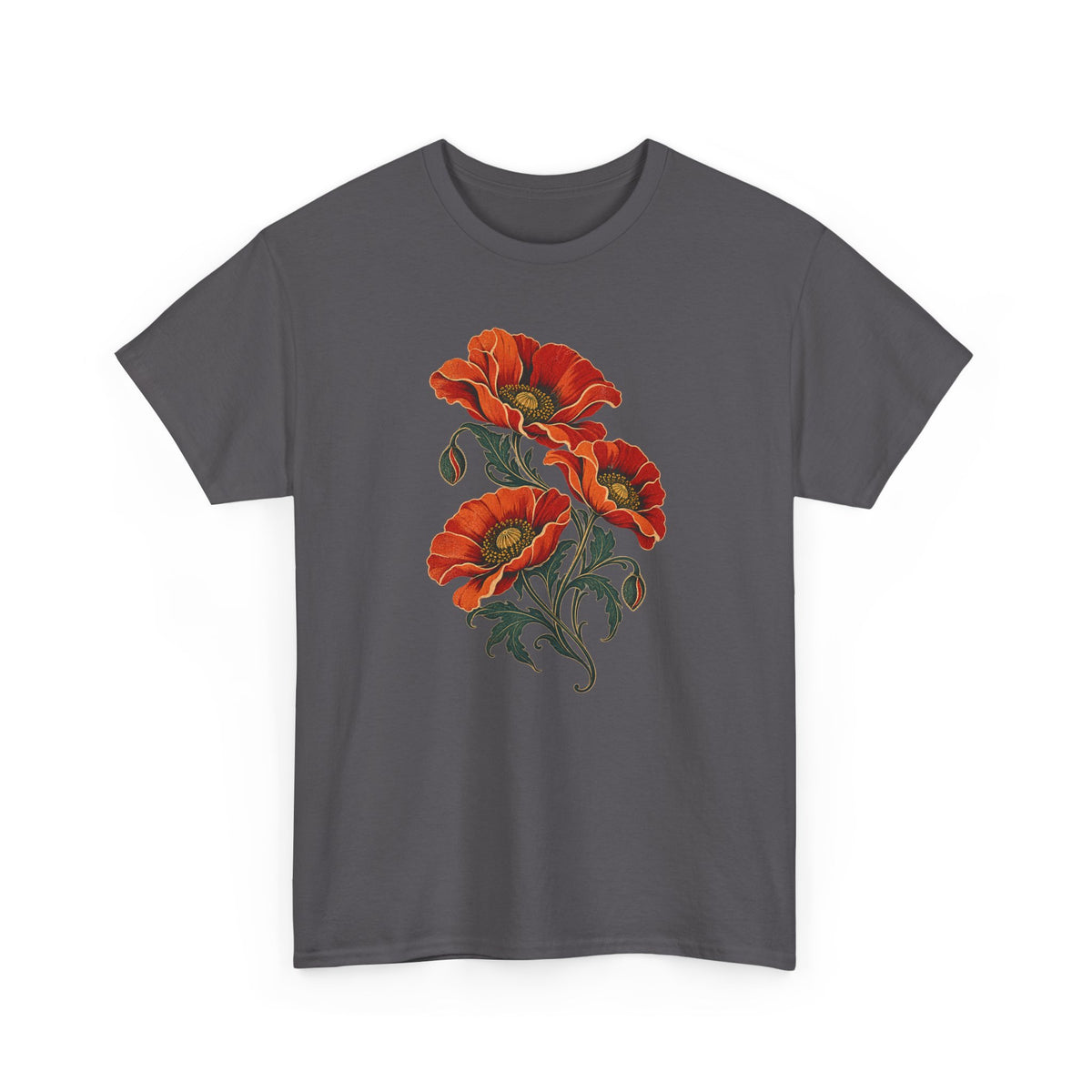 Orange Poppies Botanical T-Shirt Gold Outline Vintage Floral Tee