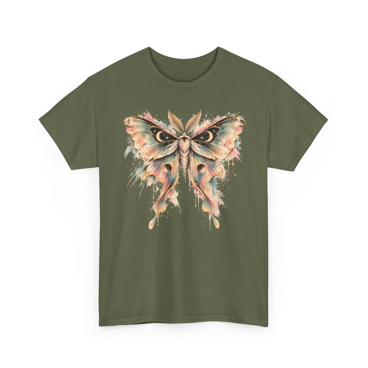 Celestial Luna Moth T-Shirt, Pastel Watercolor Moth Crescent Moon Stars Paint Drip Graphic Tee Unisex