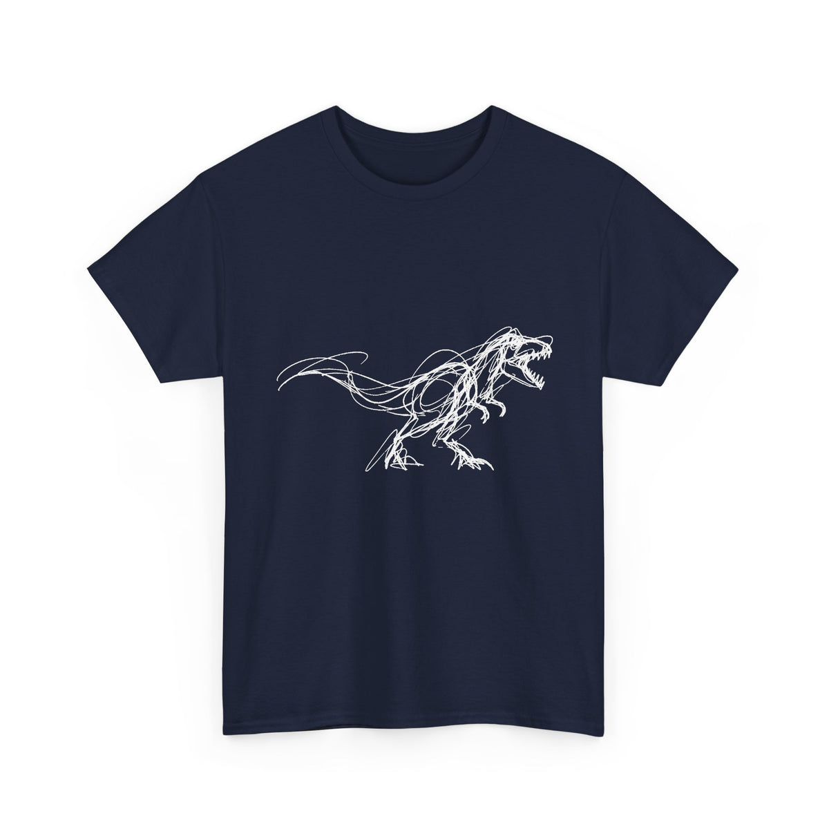 Sketchy White T-Rex on Black T-Shirt Loose Ink Dinosaur Line Art