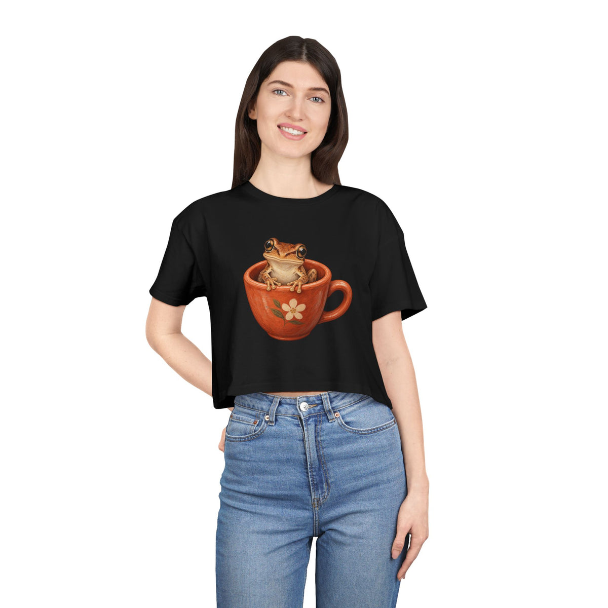 Frog in Teacup Crop Tee Cute Amphibian Womens Graphic Crop Top