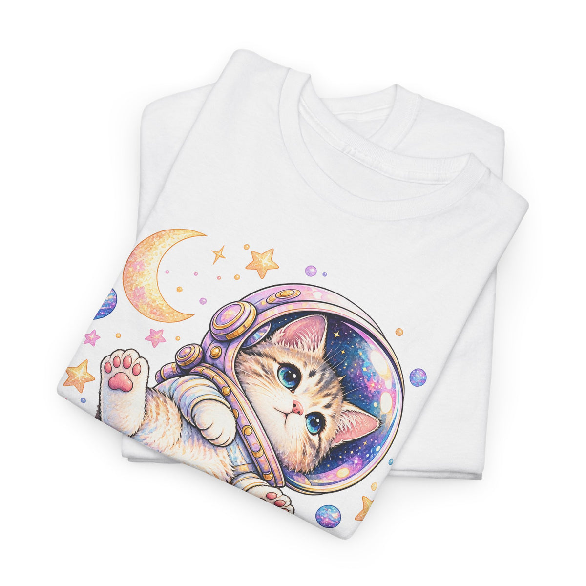 Astronaut Kitten T-Shirt, Cute Pastel Space Cat Helmet Moon Planets Stars Graphic Tee Unisex