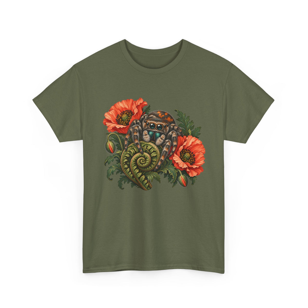 Jumping Spider Poppy Fern T-Shirt Botanical Arachnid Floral Tee