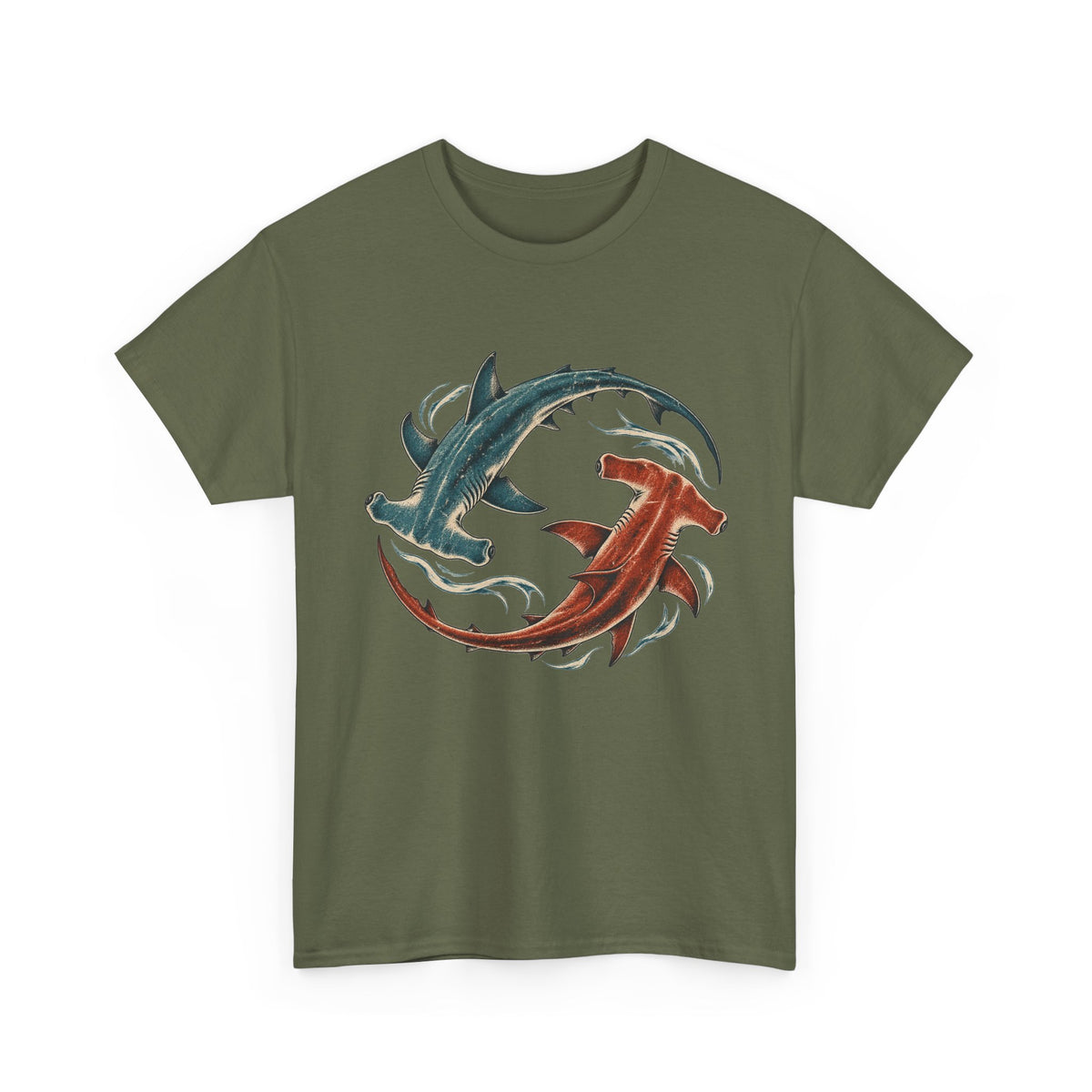 Twin Hammerhead Sharks T-Shirt Teal Orange Yin Yang Ocean Tee