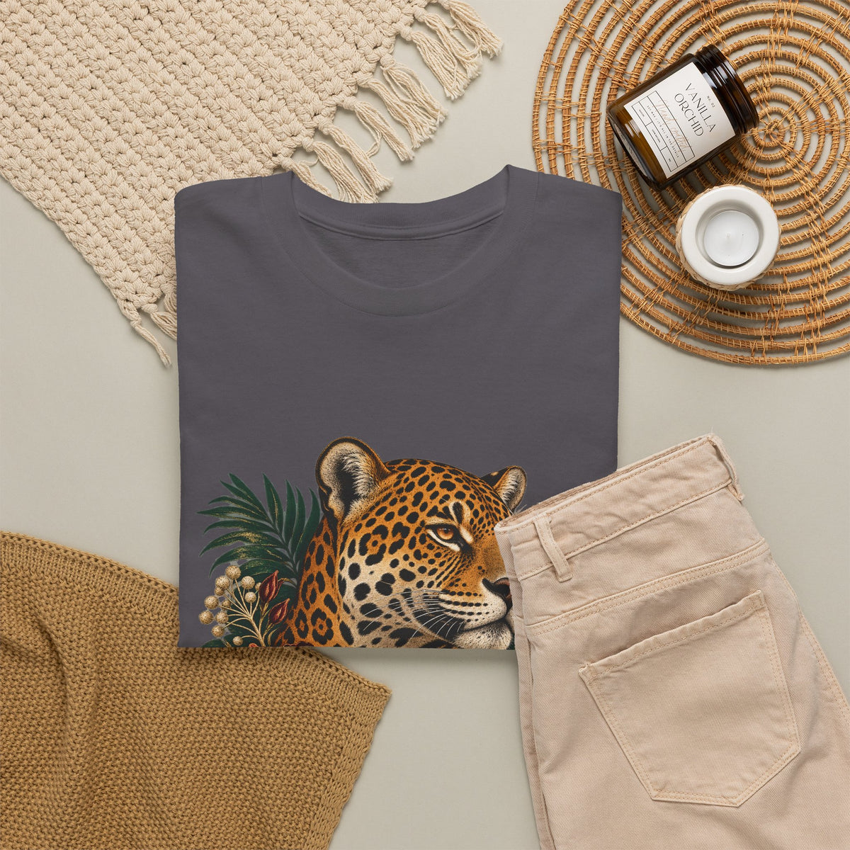 Jaguar Hibiscus Tropical T-Shirt Big Cat Floral Portrait Tee