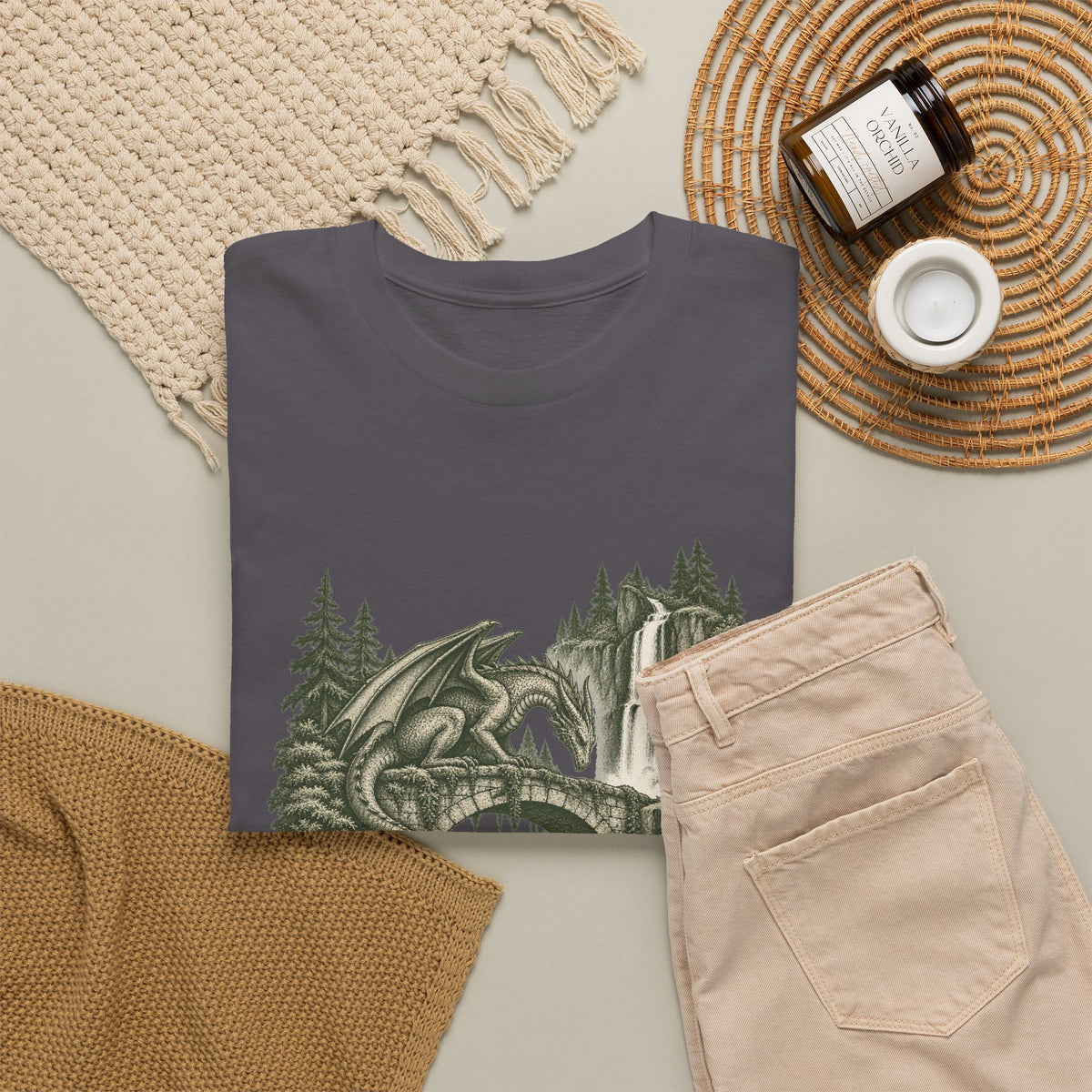 Dragon Forest Bridge T-Shirt Fantasy Waterfall Nature Dragon Tee