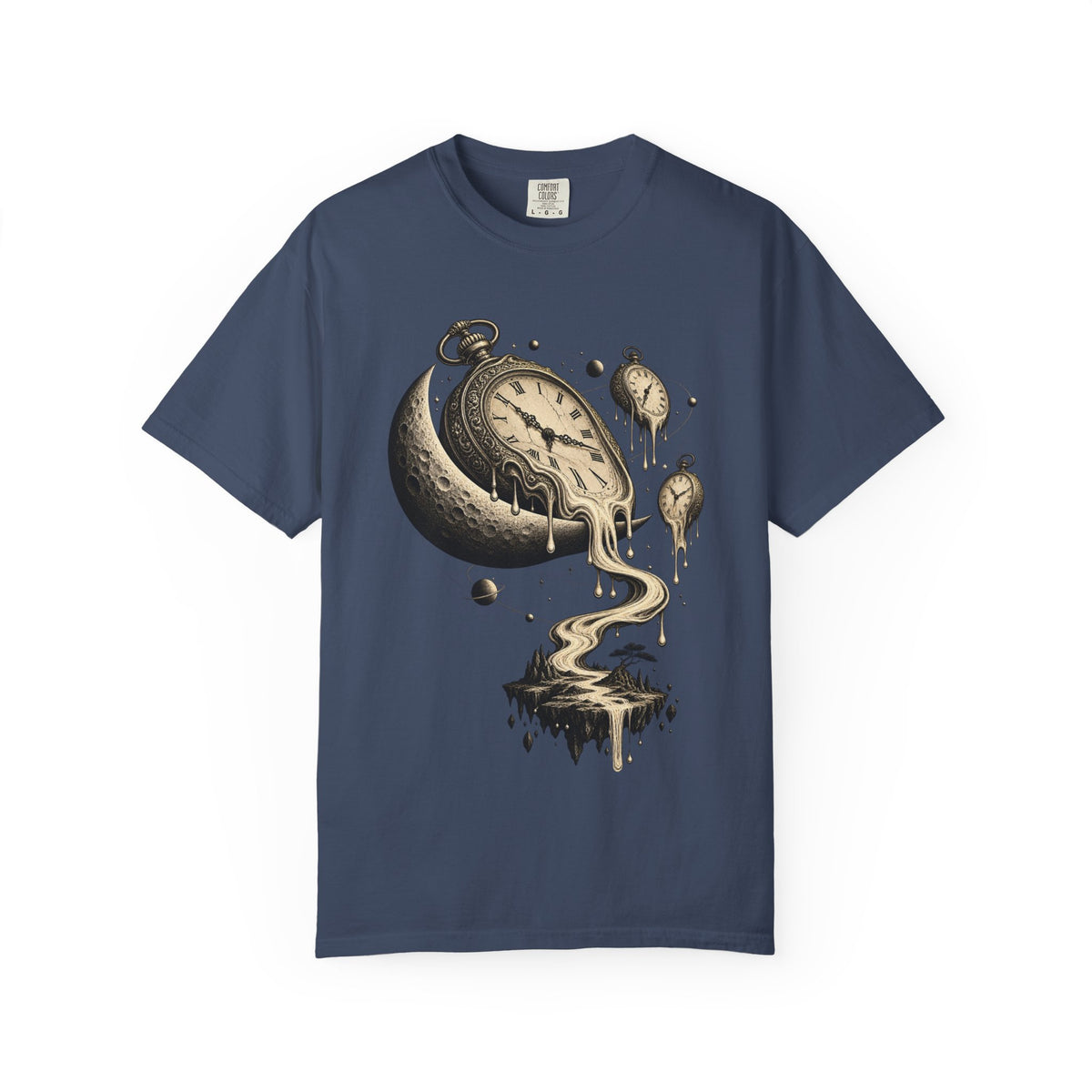Melting Pocket Watch Crescent Moon Tee Surreal Celestial Time Shirt