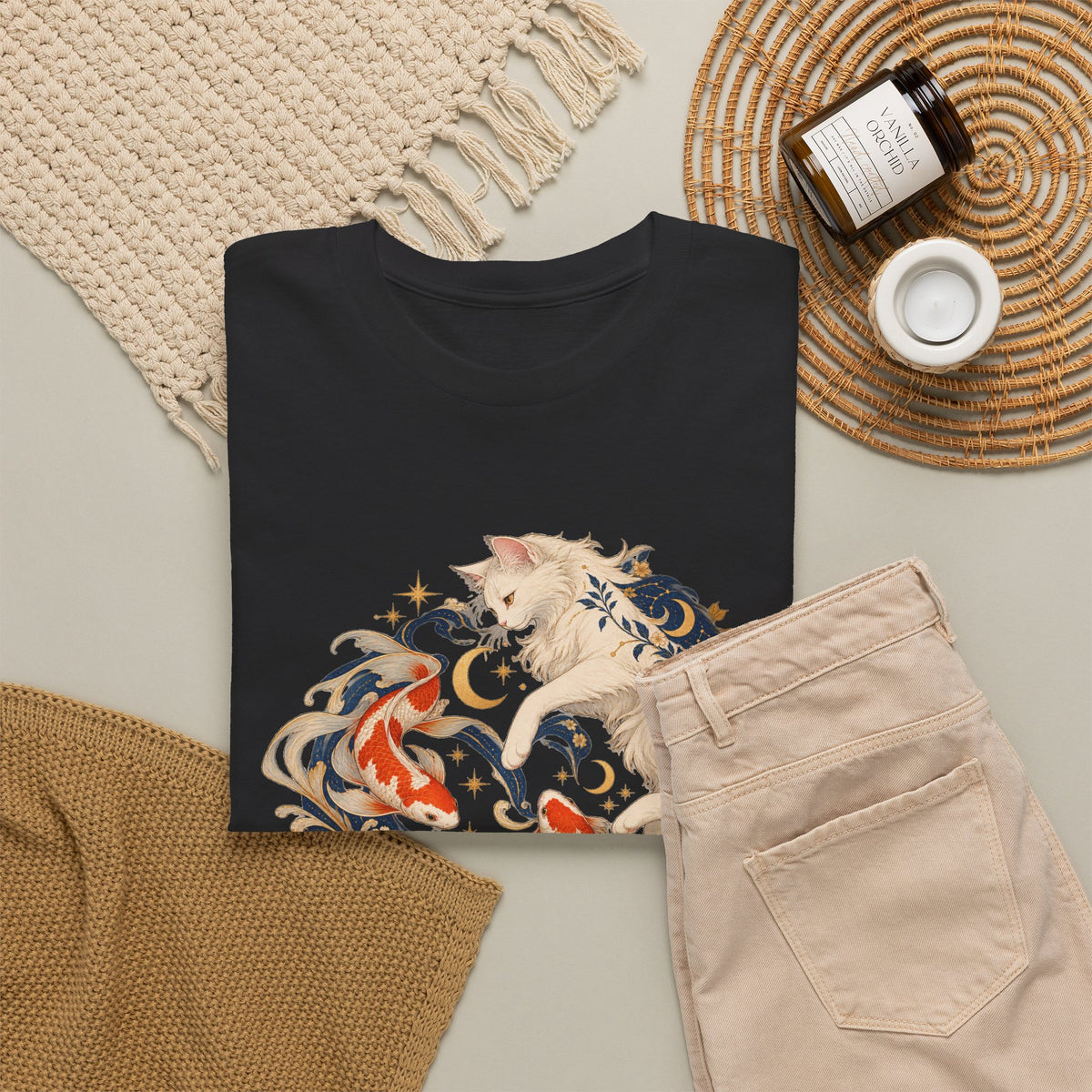White Cat Koi Celestial T-Shirt Yin Yang Floral Cat Fish Tee