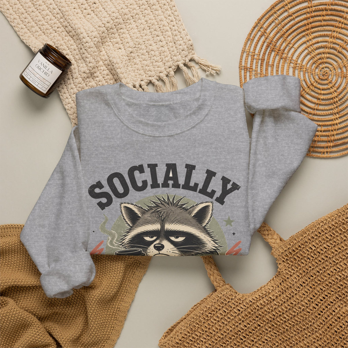 Socially Exhausted Raccoon Sweatshirt Funny Introvert Coffee