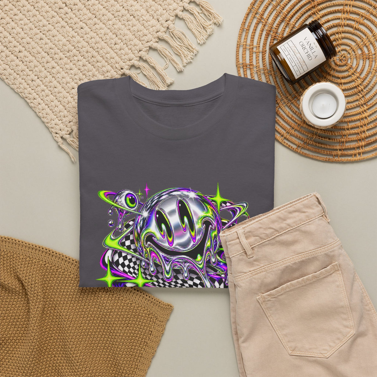 Chrome Melting Smiley T-Shirt Acid Trippy Y2K Psychedelic Tee