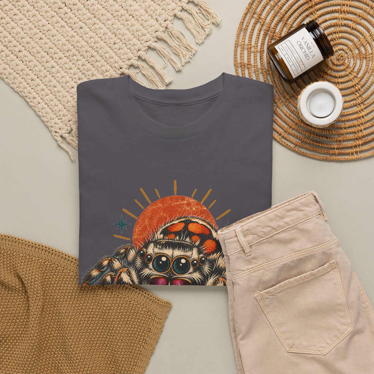 Jumping Spider Sunburst T-Shirt Cute Arachnid Orange Moon Tee