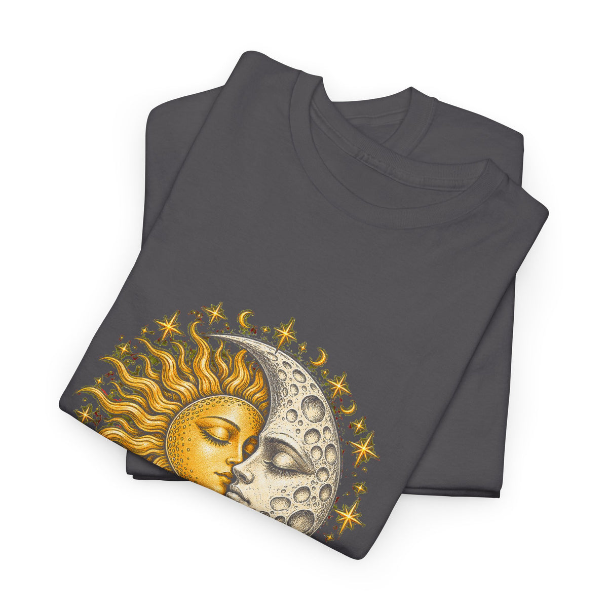Celestial Sun and Moon Kiss T-Shirt Gold Silver Stars Romance Woodcut Tee