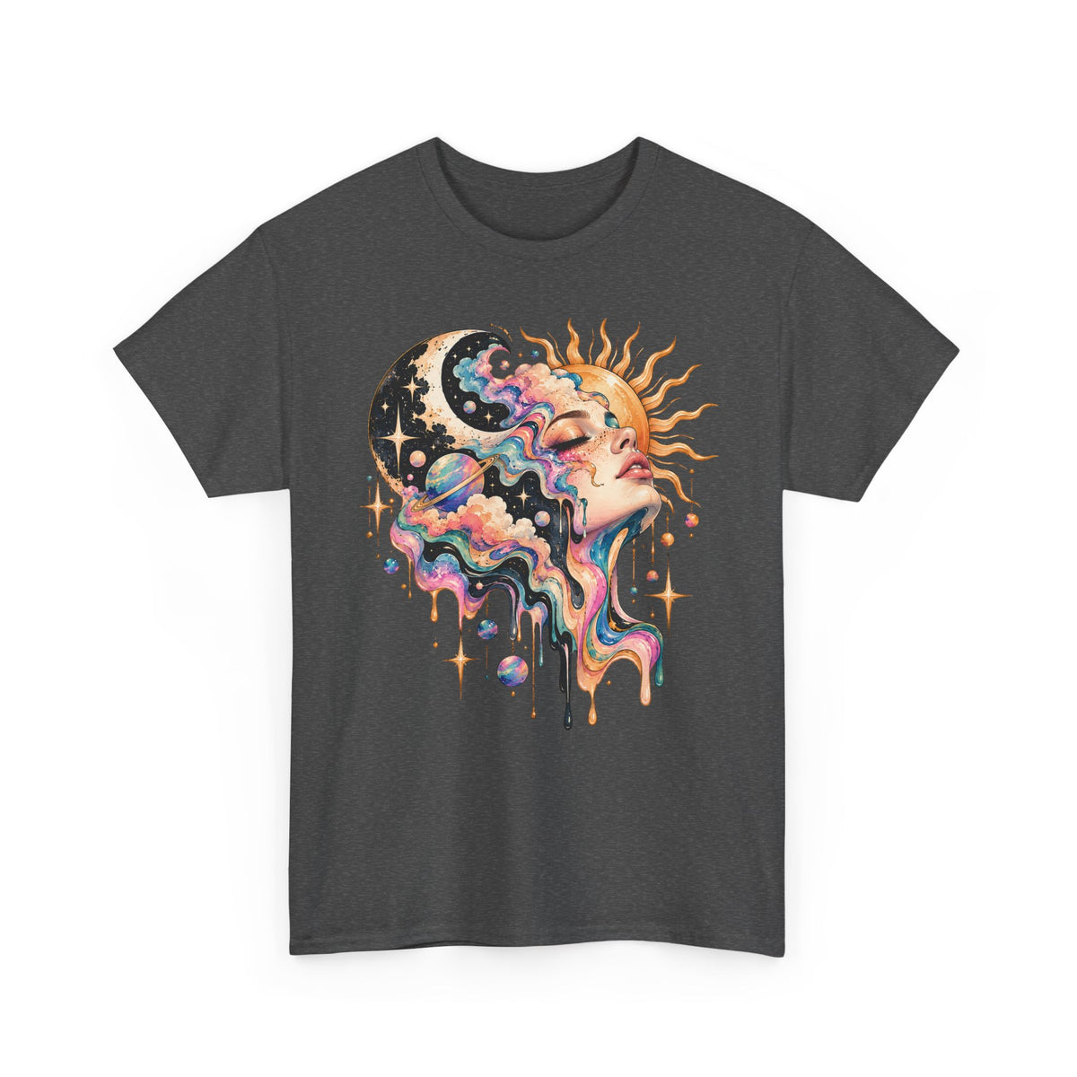 Celestial Sun and Moon Woman T-Shirt, Pastel Cloud Hair Melting Drip Planets Stars Graphic Tee Unisex